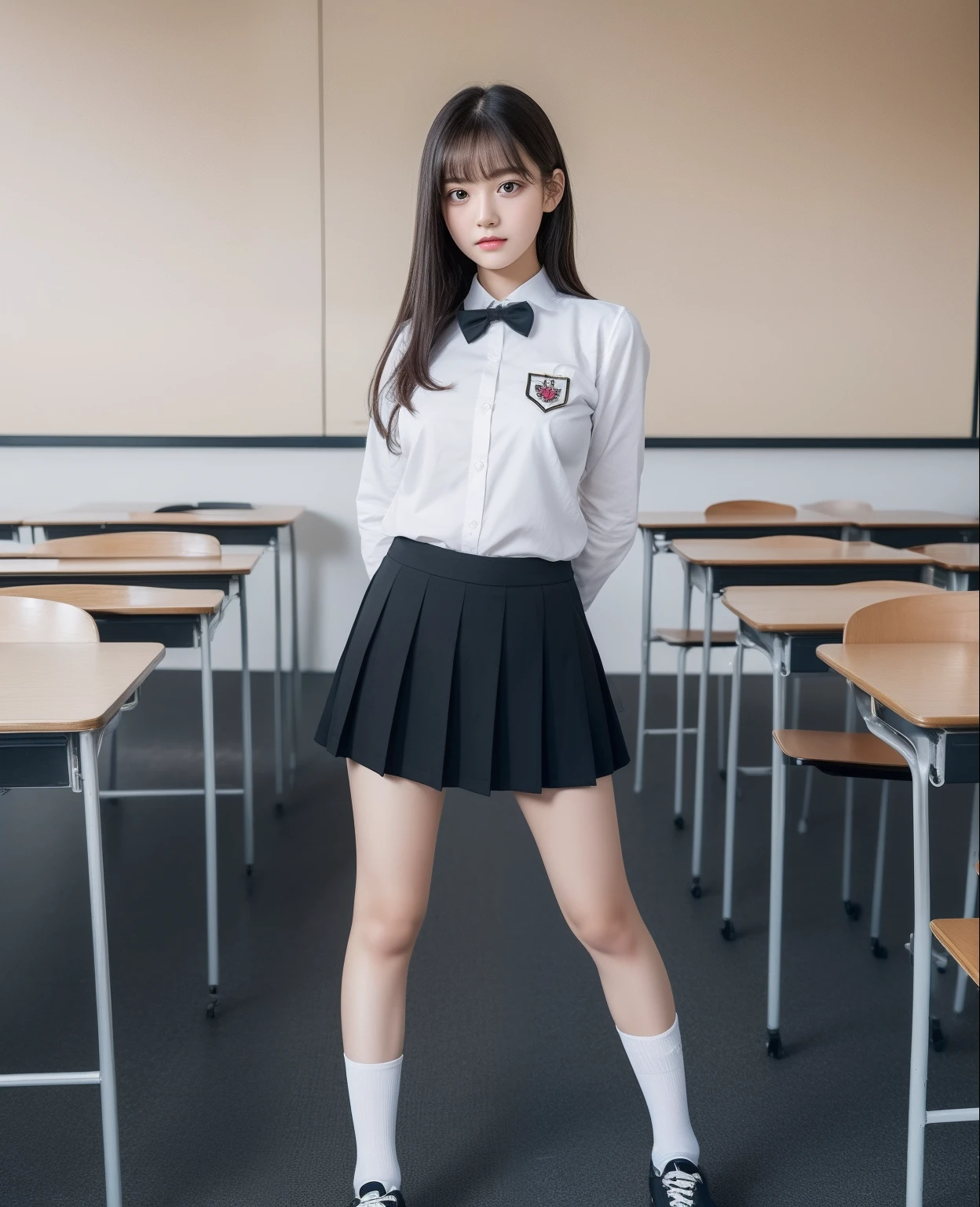 ((best quality, 8K, masterpiece: 1.3)), beautiful girl, pure, kind and cute, pure desire, innocent face, slender body, (front), ((looking at camera) ), huge breasts, wearing school uniform, short school uniform skirt, converse shoes with long white socks until below of knees, long black silky hair, long flowing shoulders, round black big eyes, clear big eyes, standing pose, in the class room, ((((whole body)))),