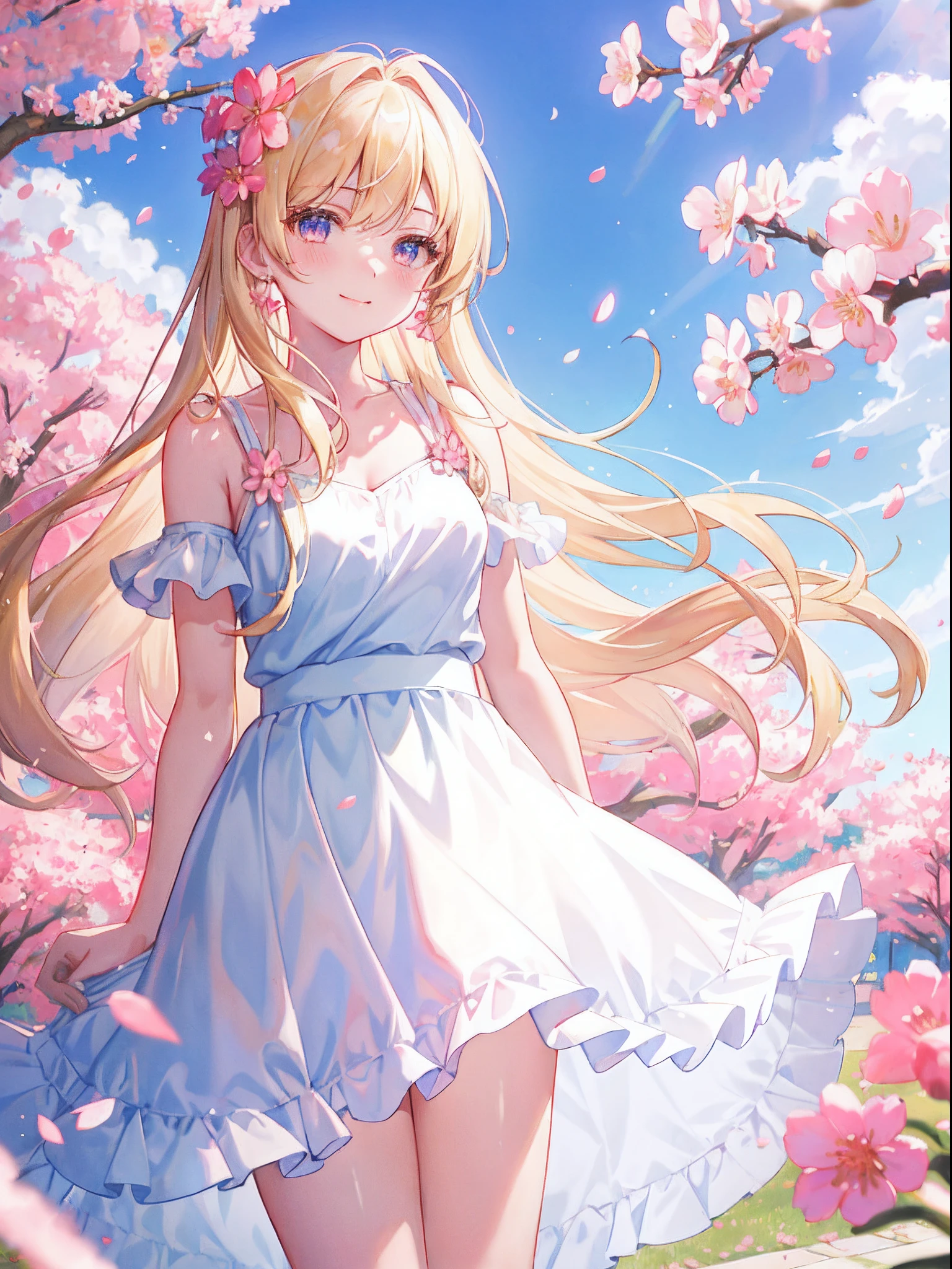 Cornflower art, dreamy
cherry_blossoms, falling_petals, petal, branch, pink_flower, 1 girl,20 years old, blue_sky, spring_\(season), petals_on_liquid, flowers, hanami, dress,wearing garland,sky, outdoors, clouds, bangs, smile, pink_eyes, white skirt with cherry blossom decoration, bare_ shoulders, earrings, holding_flower, wind, tree, looking_at_viewer,cowboy shots, caramel eyes, blonde hair, skirt soaring in the wind, white shorts,