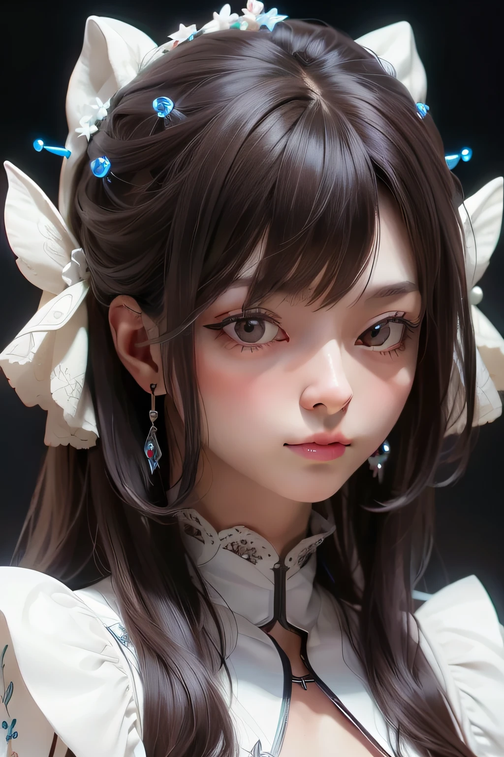 (dark brown eyes:1.2),Dutch Angle,Good anatomy,Close up photo of woman in glass, intricate detailes, White background, Transparent body, Visible veins, wires, Highly detailed, Head, Upper body, Breathtaking, foco nítido,Glass Art、red and blue、intricate detailes、Terrible、The most beautiful forms of chaos like glasswork、Delicate、fleeting、Magnificent scale