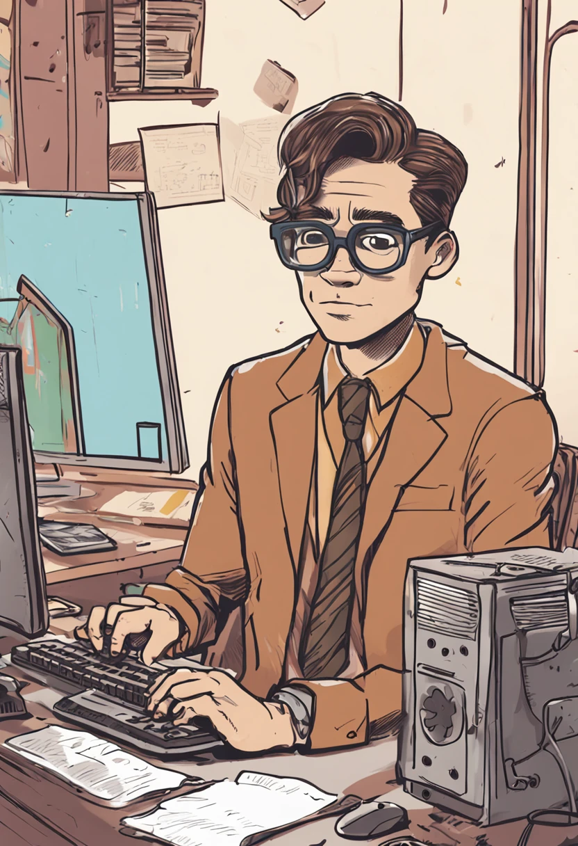 A young man in a suit, Short hair and glasses sat at his desk,holding laptop,digitial painting,tigre,3D character design by Mark Clairen and Pixar and Hayao Miyazaki and Akira Toriyama,4K HD illustration,Very detailed facial features and cartoon-style visuals。