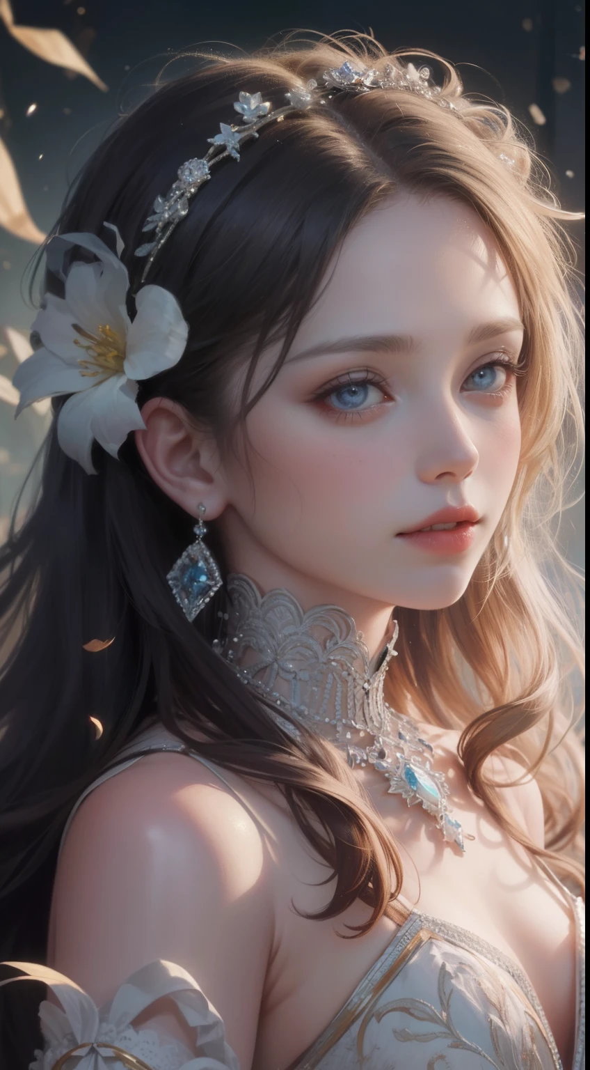 tmasterpiece,Highest high resolution,Bust of a beautiful noble maiden,Delicate braided hair,Coiled hair,Shining clear eyes,The hair is covered with beautiful and delicate floral craftsmanship, crystal、Diamond jewelry filigree,Ultra-detailed details,upscaled,softlighting。