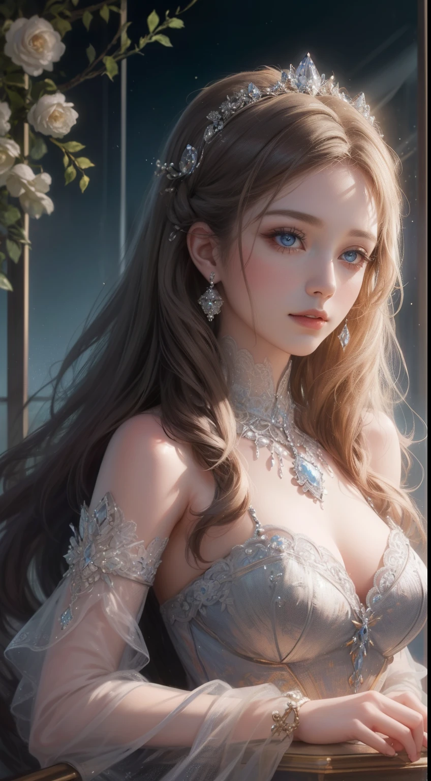 tmasterpiece,Highest high resolution,Bust of a beautiful noble maiden,Delicate braided hair,Coiled hair,Shining clear eyes,The hair is covered with beautiful and delicate floral craftsmanship, crystal、Diamond jewelry filigree,Ultra-detailed details,upscaled,softlighting。