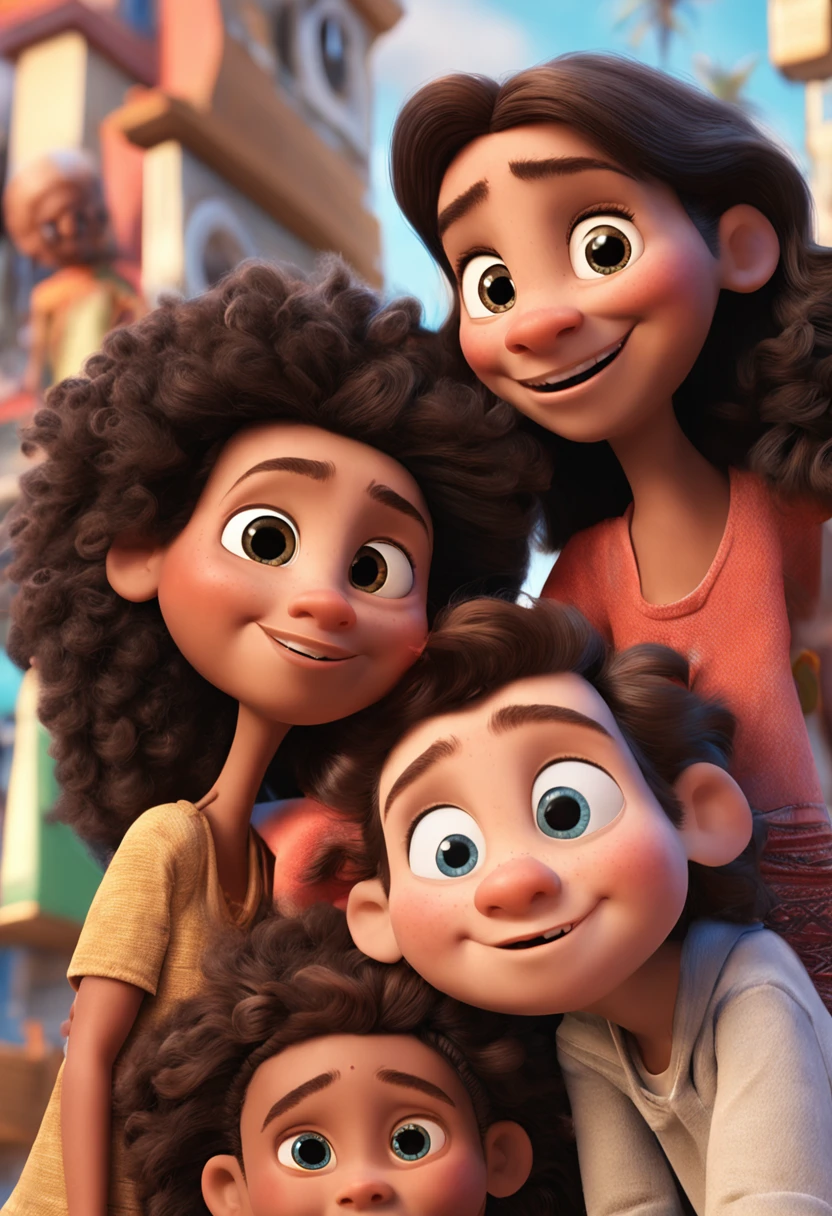 three children, Uma  negra, Fofa, um meninoo, blue eyes and a happy son of Jesus Christ with hair standing up,No centro, fundo branco, barnet, Tom, Estilo Pixar, ....3d, desenhos animados, rosto detalhado,disney, asymmetrical 16k