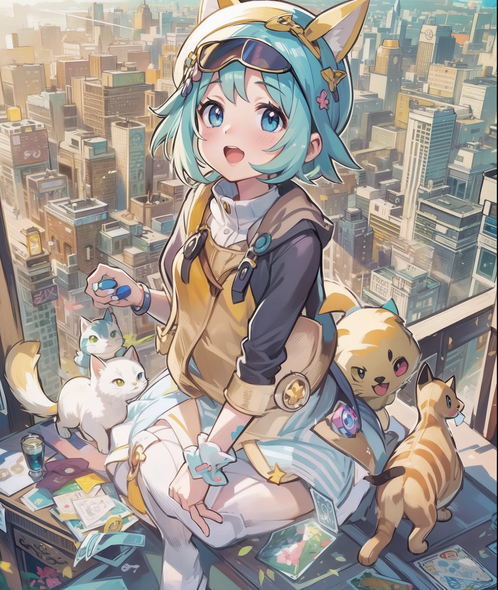 profile、1girl in,A pokémon_The card,(top-quality), (high_quality), (Convoluted_Details), (ultra-detailliert), (illustratio), (Distinct_image),saito_naoki,city scenery、Rainbow View、With cats((Cute cat1.5))