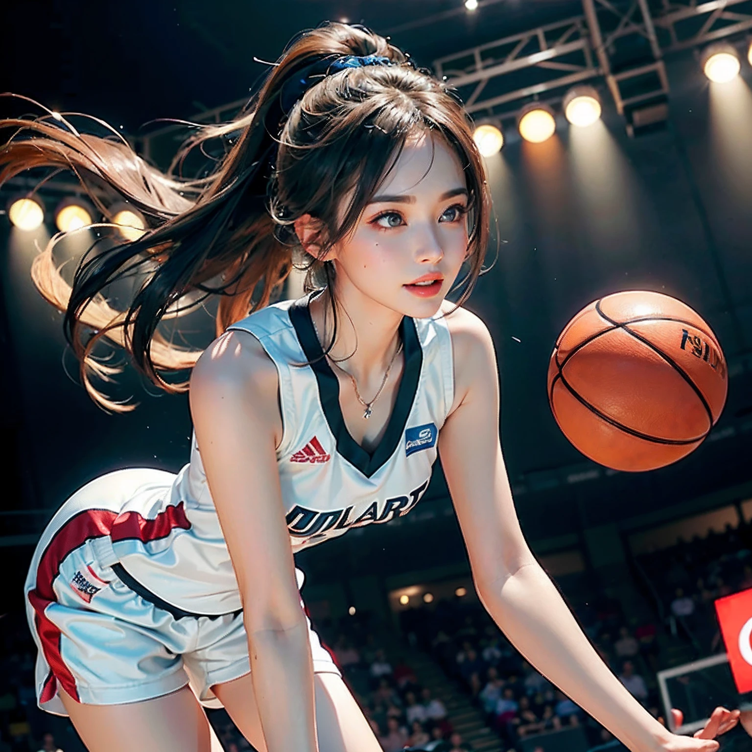 (RAW Photos,4K,tmasterpiece,hight resolution,very intricate)(realisticlying:1.4),Spin the Basketball、Full body style、Laugh、ssmile、uniformss、Basketball court、Basketball Goals、audience、spot light、illuminating、players、stadio、The best smile、Delicate girl illuminating facial features in a movie
1 Girls, single focus,(styles\),White skin,(Bigchest,cleavage), (Best Quality), (hight resolution), (extremely delicate and beautiful),,(Beautiful 8k face),(Brown eyes),(ulzzang-6500:1.0),(Solo),(sideways Facing),(Spectators),(Large breasts),(nffsw),frontage,(Side), ,(Basketball sportswear),((Playing Basketball)),((Gymnasium)),((velocity)),(reality),(chiayi:1.5), closeup cleavage, tmasterpiece, best qualtiy, RAW photogr, realisticlying, faces,adult lady, adolable, long beautiful hair,poneyTail、 depth of fields, hight resolution, ultra - detailed, finedetail, Very detailed, extremely detailed eye and face, Sharp pupils, realisitic, tack sharp focus, cinmatic lighting