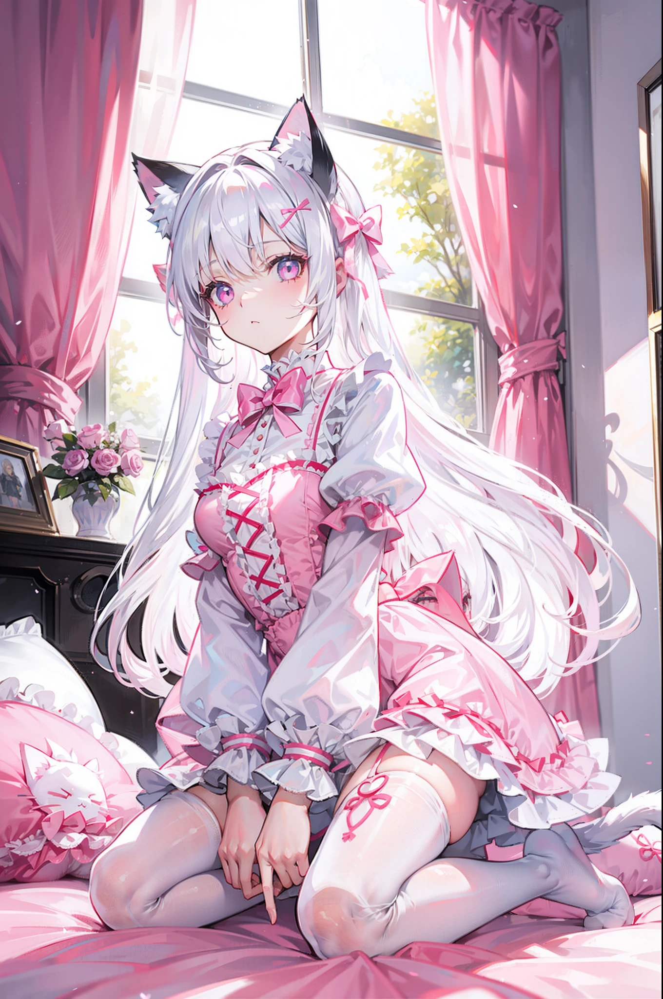 A girl with pink cat ears, a cat tail, glasses, long silver hair, a bell collar, a pink and white maid outfit, and white stockings