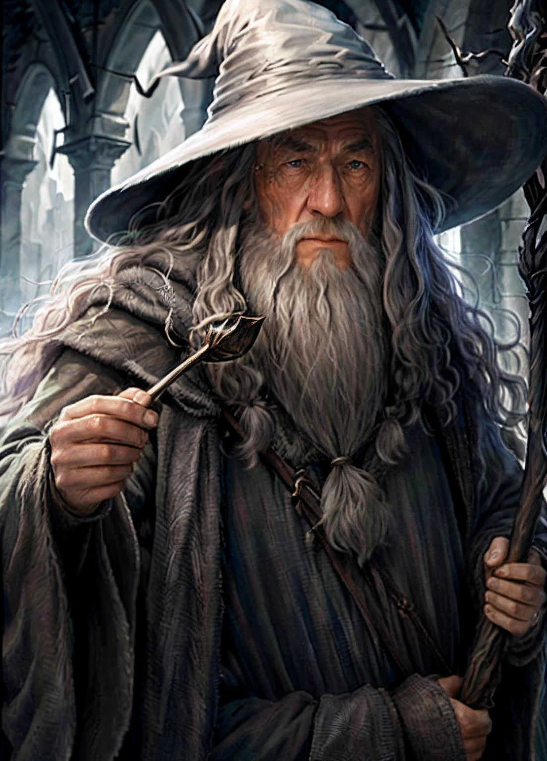 gandalf, wise, Wizard, high contrast, black clothes, (natural skin texture, hyper-realism, soft, sharp light),