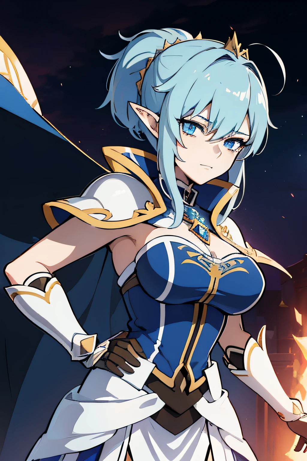 masterpiece, best quality, mature woman, short porcelain blue hair, tiara, showing forehead, gray blue cape, top, beautiful breasts, exposed thighs, dark short dress, belt, thin sword belt, cinnamon height boots wine color, dynamic pose, inside a dungeon, dark, dark, torch, well detailed glow, fantasy, medieval.