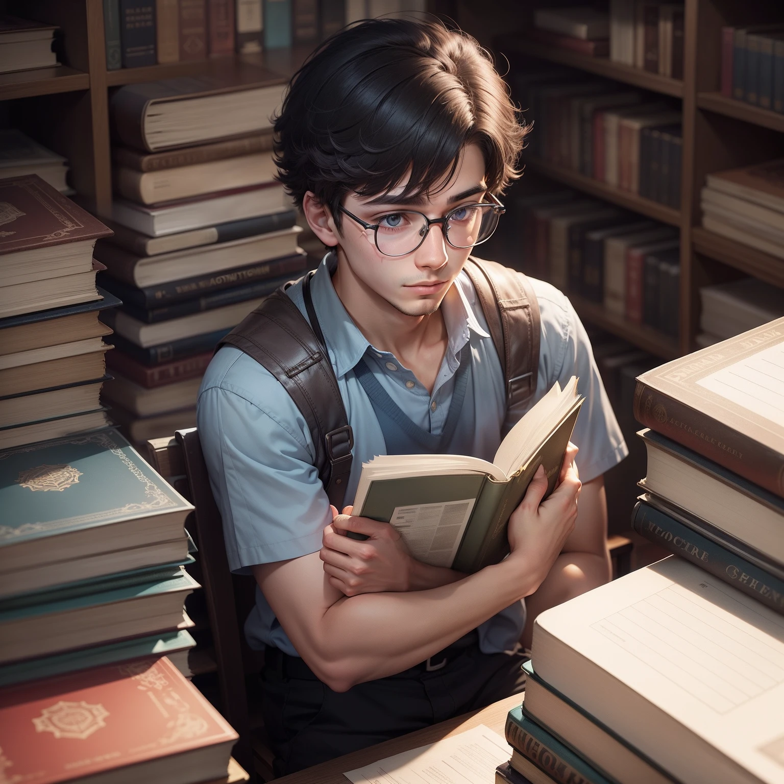 A boy college student of around 20 year old wearing spectacles searching for a book in a pile of files and scattered books in a book store vector art