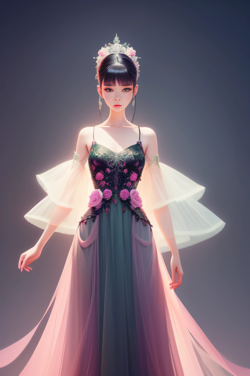 Under the oversized lotus stands a lady in a long dress of light tulle, Long black hair lady with glowing tulle dress, Long-haired lady，inspired by Igor Kieryluk, It is covered with fleshy green and pink, Black light background，under moonlight，inspired by Wadim Kashin, by Russell Dongjun Lu, inspired by Yanjun Cheng, inspired by Hsiao-Ron Cheng, Beautiful digital artwork, inspired by Ray Caesar