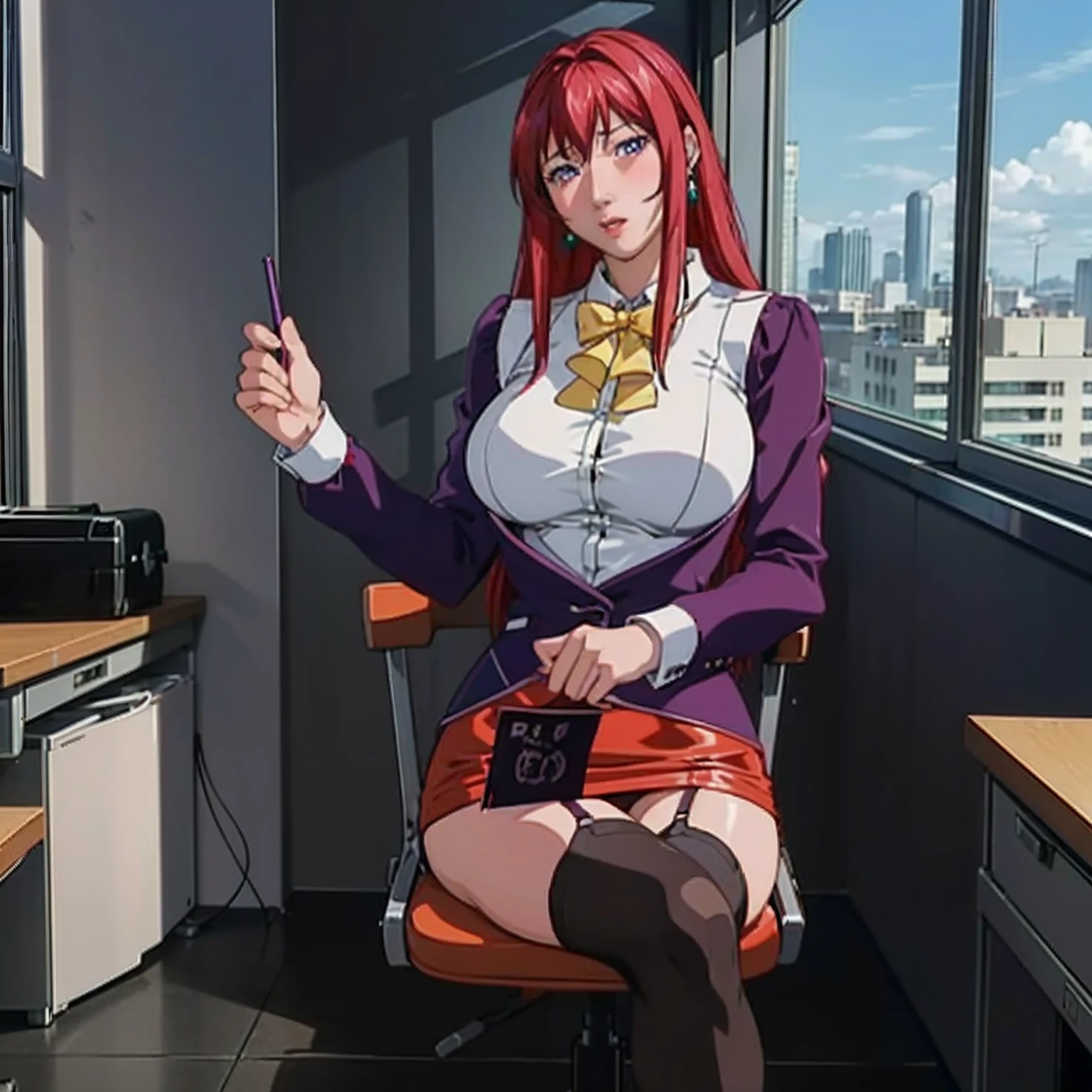 (Best quality, Ultra-detailed, Anime Pictures, Game CG, art cg, Photorealistic, lighting, perfect shadow, realistic lighting shaded, Unity 8k wallpaper), Hiroko Takashiro, Red hair,,Large breasts,Long hair,Mature female,(Purple eyes), Perfect eyes, Perfect face, Earrings, shirt, Jacket, black thighhigns, (purple garter belts:1.1), zettai ryouiki, pencil skirts, school uniform, high-heels, vulgarity,nose blush,view the viewer,Sexy pose,in Staff room,holding mechanical pencil,sit on chair,Spread legs,