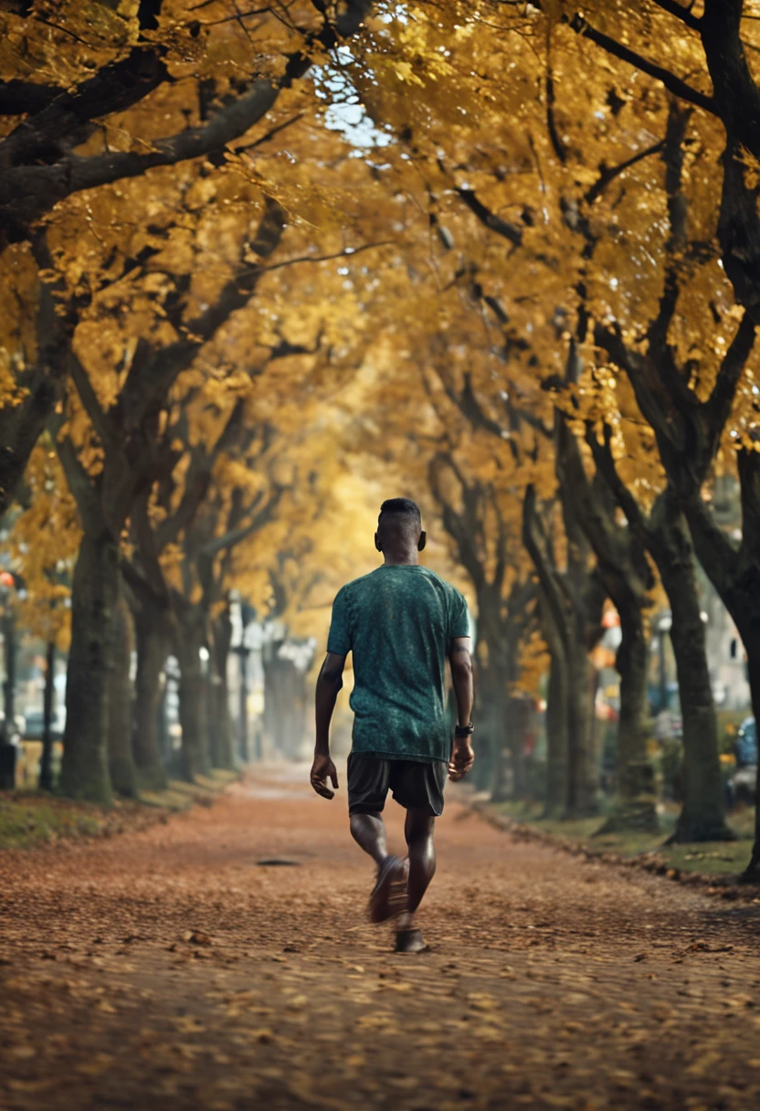 Make a man wearing a prosthetic below the knee running down a tree-lined and happy avenue