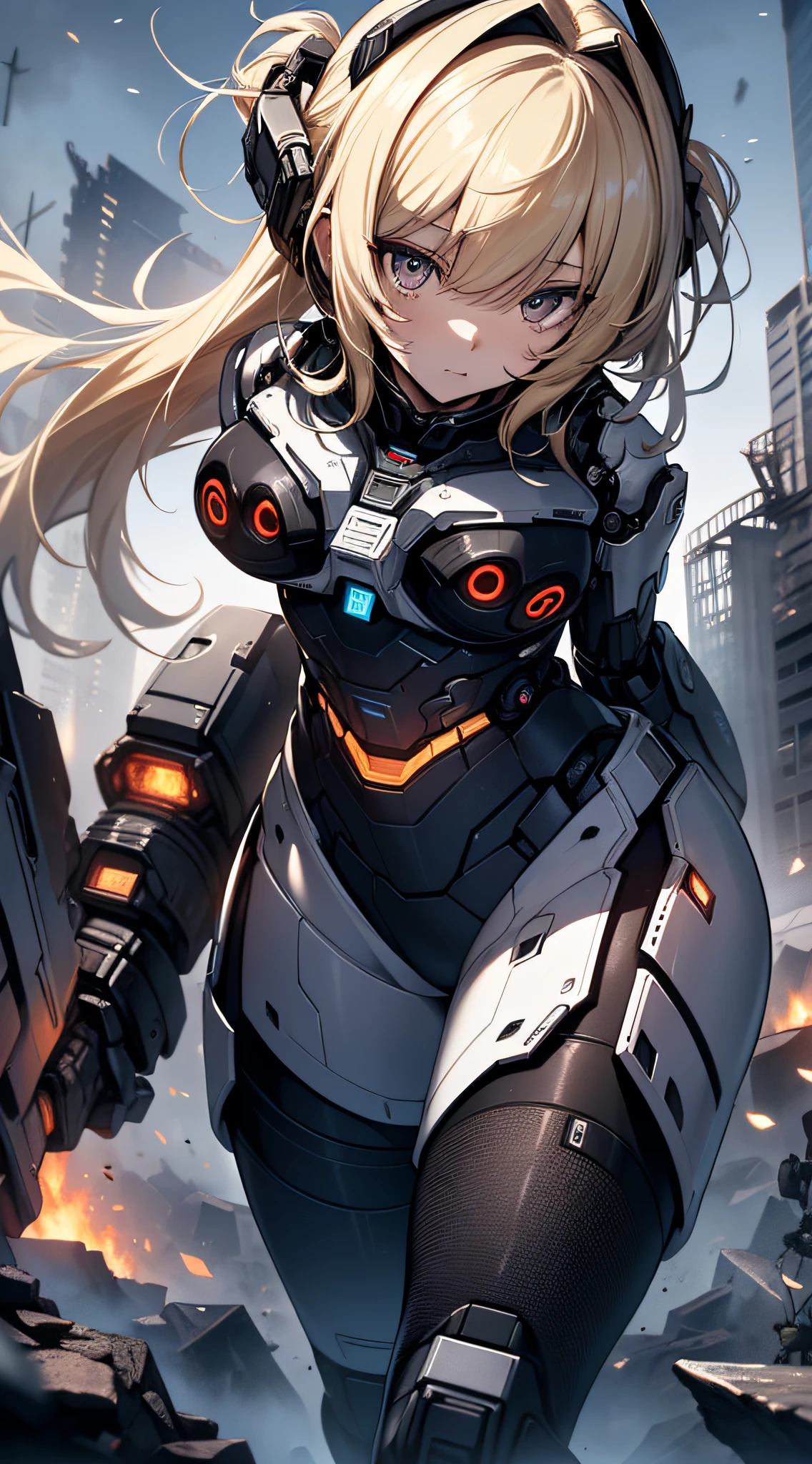 top-quality、Top image quality、​masterpiece、Mecha Girl((18year old、Black and white mechanical parts、Beautiful robotic arm,Black tights,Best Bust、Bust 100、a blond、poneyTail、Breasts wide open,Large valley visible、、Goldeye、Dye cheeks、Strong eye power、Looking down on the viewer、black head、Armament preparation)）hiquality、visualart、Background with((World of the Apocalypse、Black sky、))、Depth((Mass Android))