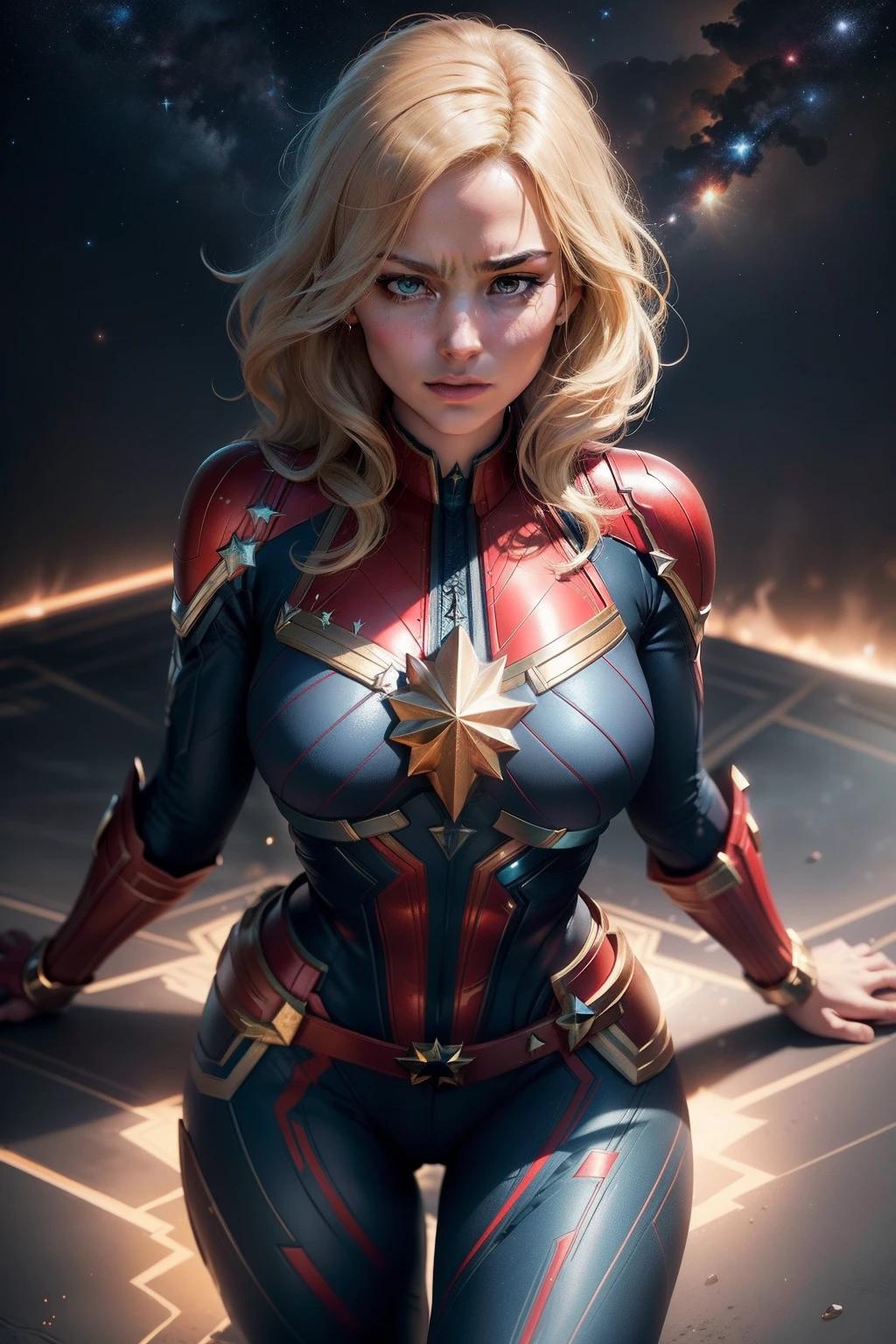 Woman body set big breasts，Captain Marvel costume dress，cleavage，Bare chest，Exposed panties，does not wear panties，Ass focus