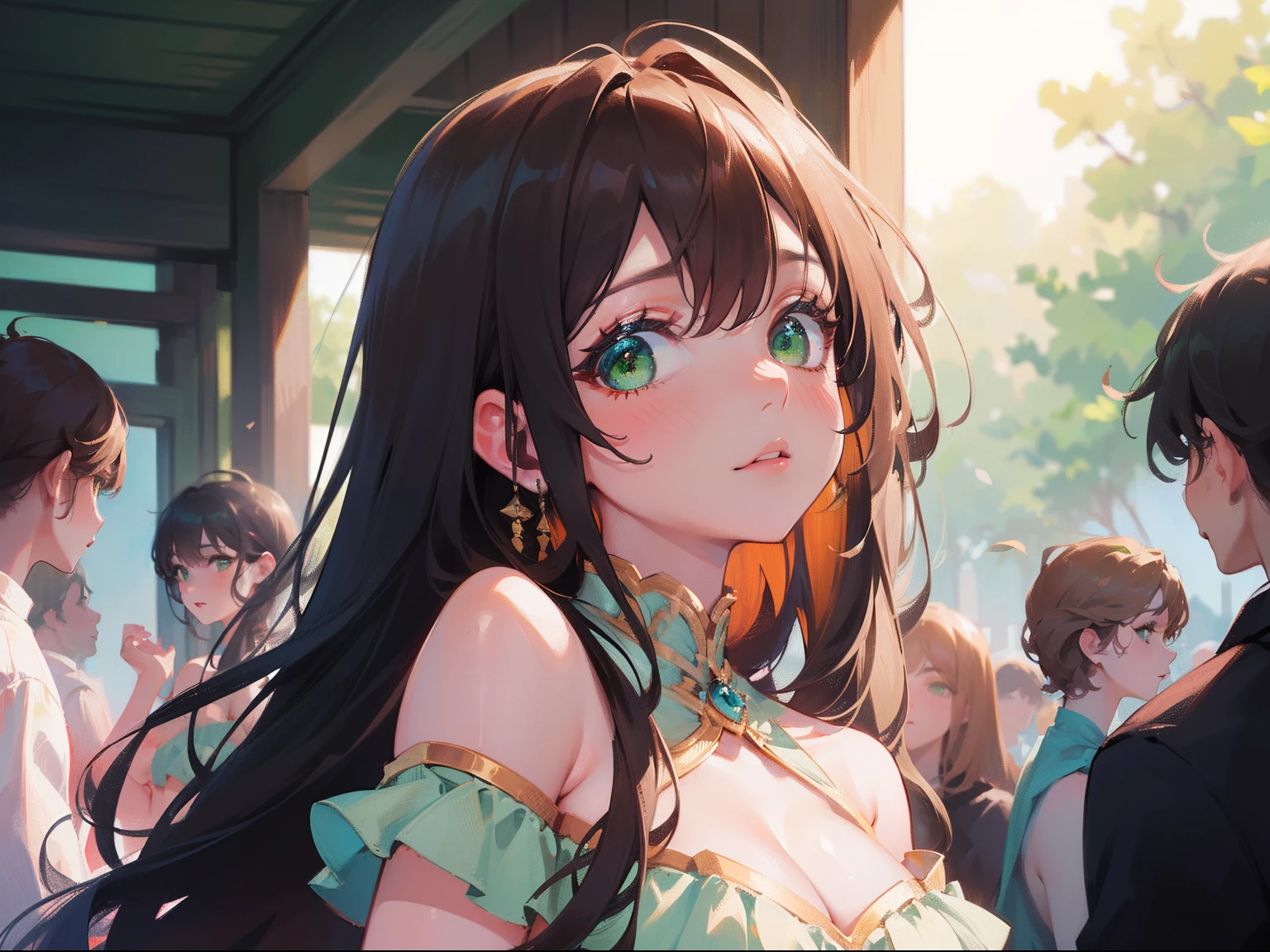 (masterpiece), (best quality), ultra high res, soft focus, ((1 mature woman, solo)), very stunning and gorgeous woman, upper body, beautiful detailed hair, chestnut brown hair, messy flowing long hair, beautiful detailed face, perfect feminine face, ((beautiful shape eyes, green eyes)), look at the viewer, feminine light dress, (bare shoulders:1.2), (background blur), is lost in crowds