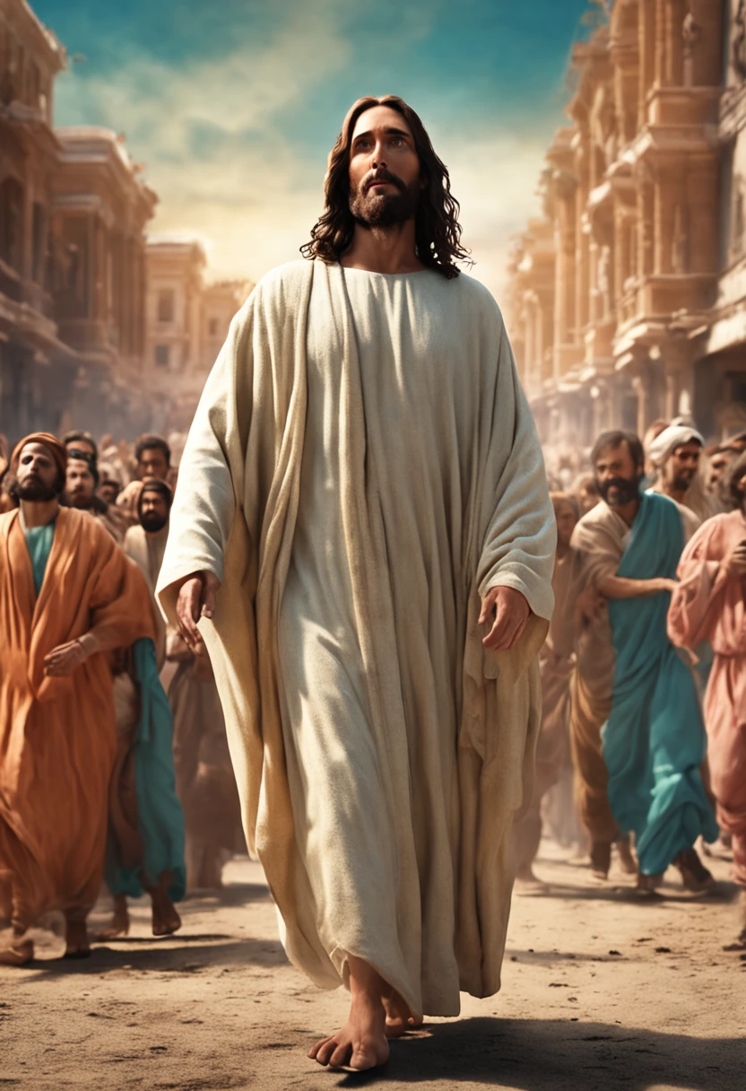 Jesus Christ with His disciples walking among the crowds, ultra realista, 4k, fundo escuro