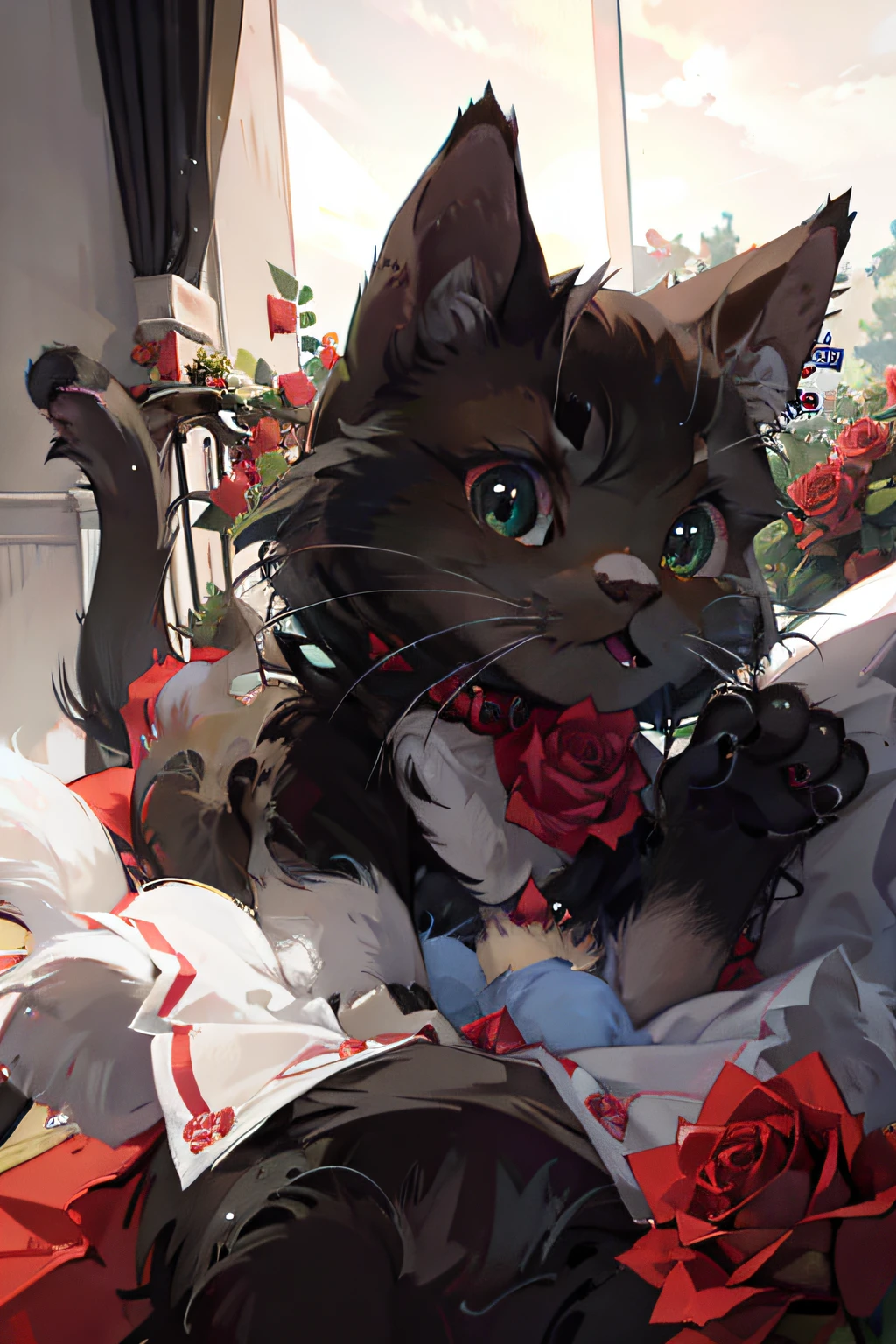 a cute black cat that has a rose in it's mouth in a rose field
