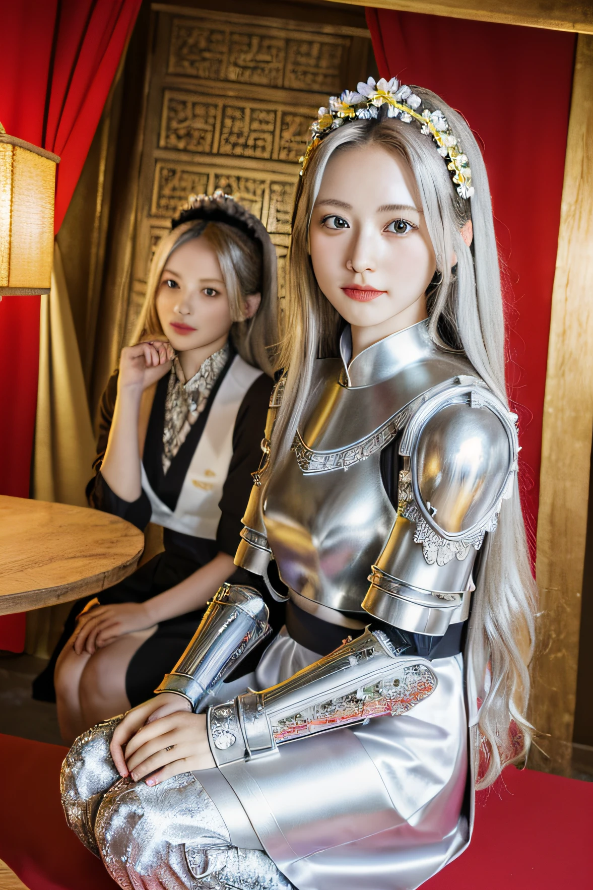 Three girls in uniform sitting at a table, japanese tv show, yoshitomo nara and aya takano, ayami kojima and lyde caldwell, perfume, japanese maid cafe, shikamimi, sakimimichan, hime-cut, sakimichan, trending onstudio ghibli, Seifuku, けもの, (8K, Best Quality:1.2), (masutepiece:1.37), (Photo, Photorealistic:1.37), (超A high resolution), Full body, Walking Pose, shot from front, slow motion, Female paladin wearing full body, (Light Silver Armor:1.2),(Ornately decorated armor), (Insanely detailed, bloom:1.5), (Highest Quality, Alessandro Casagrande, Greg Rutkowski, by Sally Mann, Concept art, 4K), (analogue:1.2), (High Sharpness), (Detailed pupils:1.1), Detailed face and eyes, masutepiece, Best Quality, (extremely detailed photo:1.1), (Long Blonde Hair, Ecstatic:1.1), (Young Woman:1.1), sharp, (Perfect body:1.1), Realistic, real shadow, 。.3D, (a temple background:1.2), (By Michelangelo), photographed:Canan EOS R6, 135 mm, 1/1250s, F/2.8, ISO 400