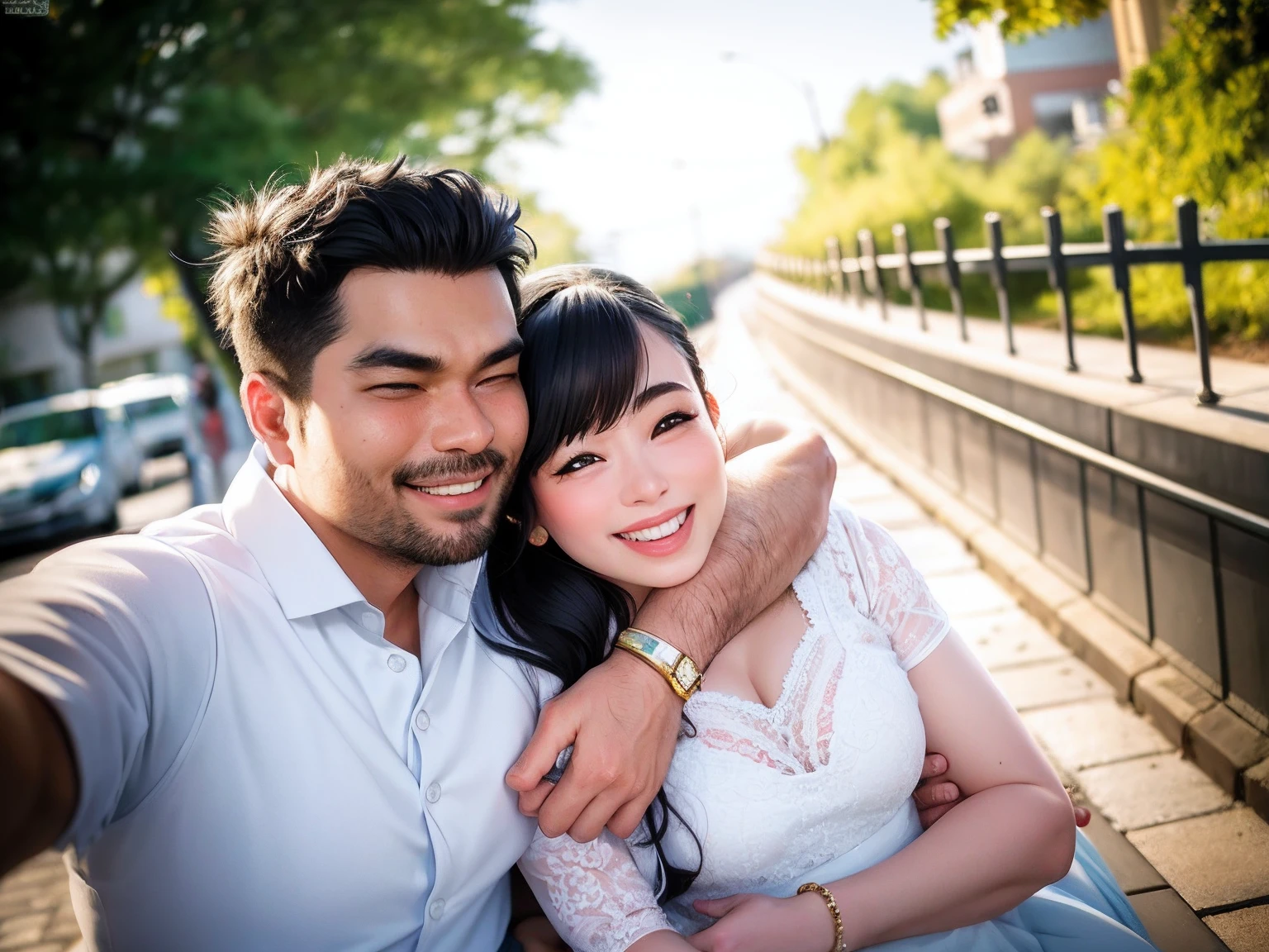 there is a man and woman taking a selfie on the street, in love selfie, lovely couple, in city water fall, couple pose, happy couple, candid picture, taken with sony alpha 9, 8k selfie photograph, jayison devadas, photo taken with sony a7r camera, very very low quality picture, cute photo, photo taken in 2 0 2 3 with beautiful teenager couple
