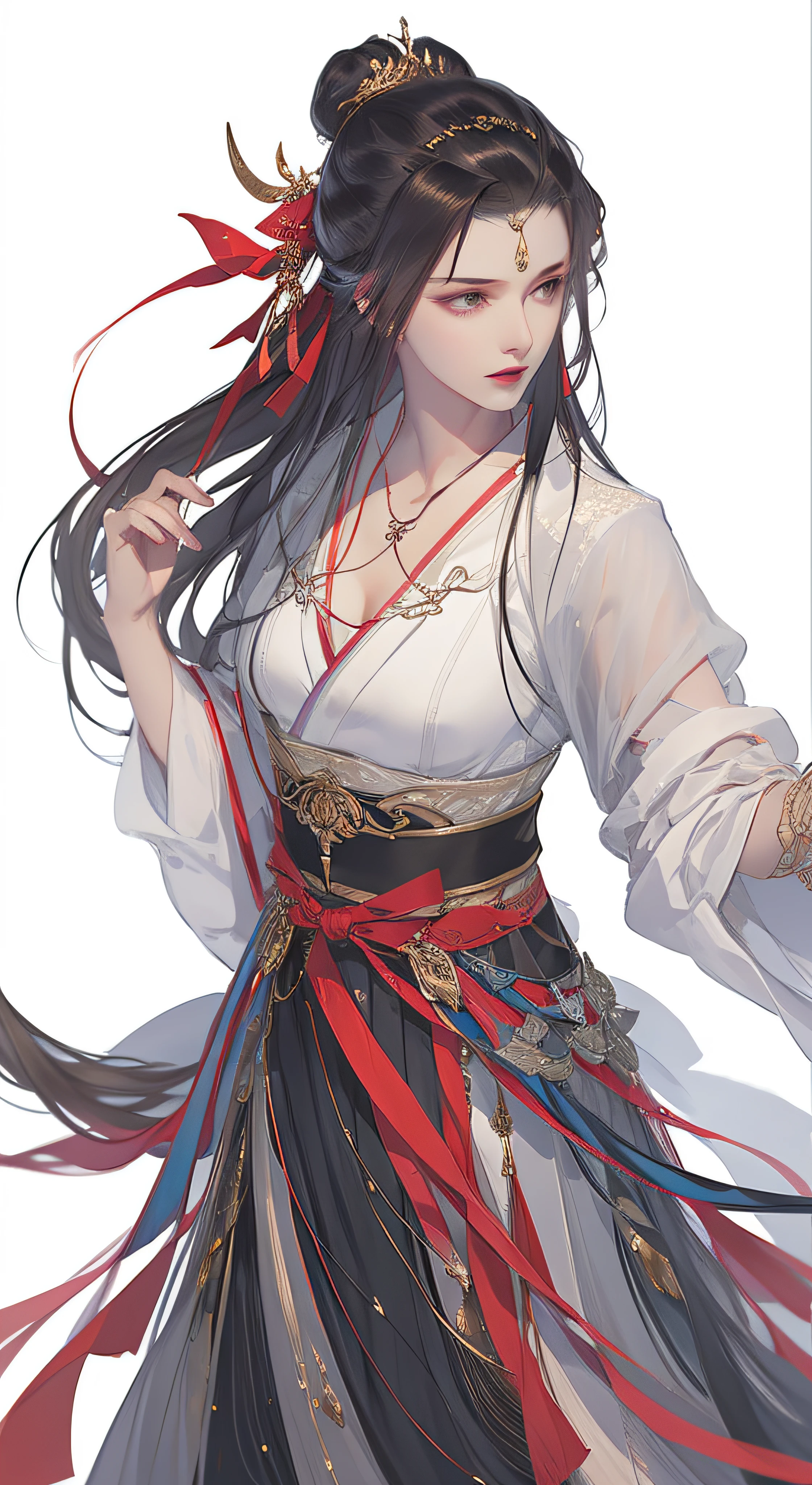 (8k, RAW Photos: 1.2), Best Quality, 1 Woman, Beautiful Face, Delicate Skin, Gorgeous Bun, Hair Accessories, Hanfu, Jewelry, Full Body, High Detail, Accent, Flowing Soft Gauze, Sketch, Denoising, Dramatic, Cinematic, Particle Effects, White Background, Super High Resolution, Best Shadow, RAW, (HDR) (Wallpaper) (Cinematic Lighting) (Sharp Focus), Masterpiece, (Very Detailed CG Unified 8k Wallpaper)