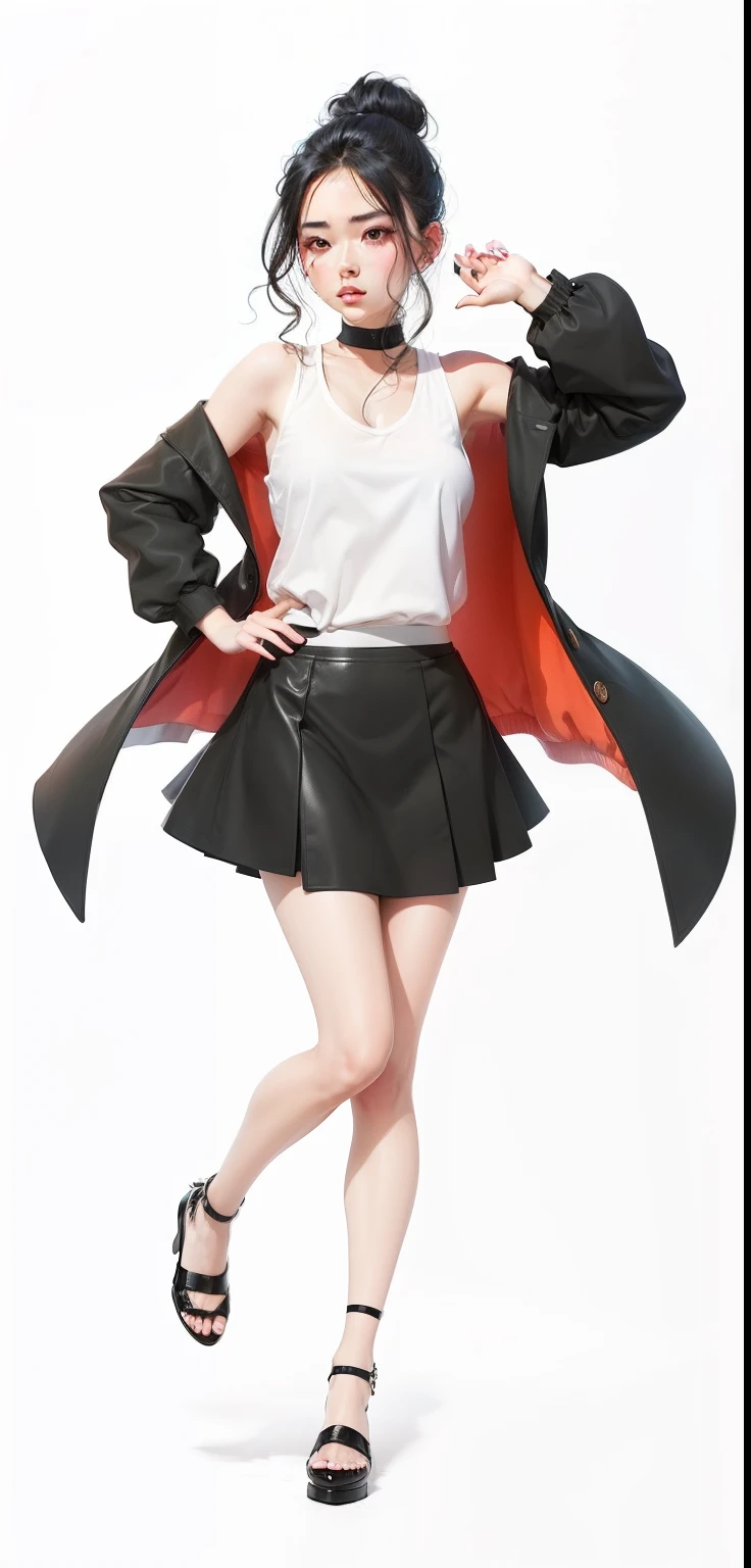 Black coat Black skirt Black shoes White top Black hair bun hair