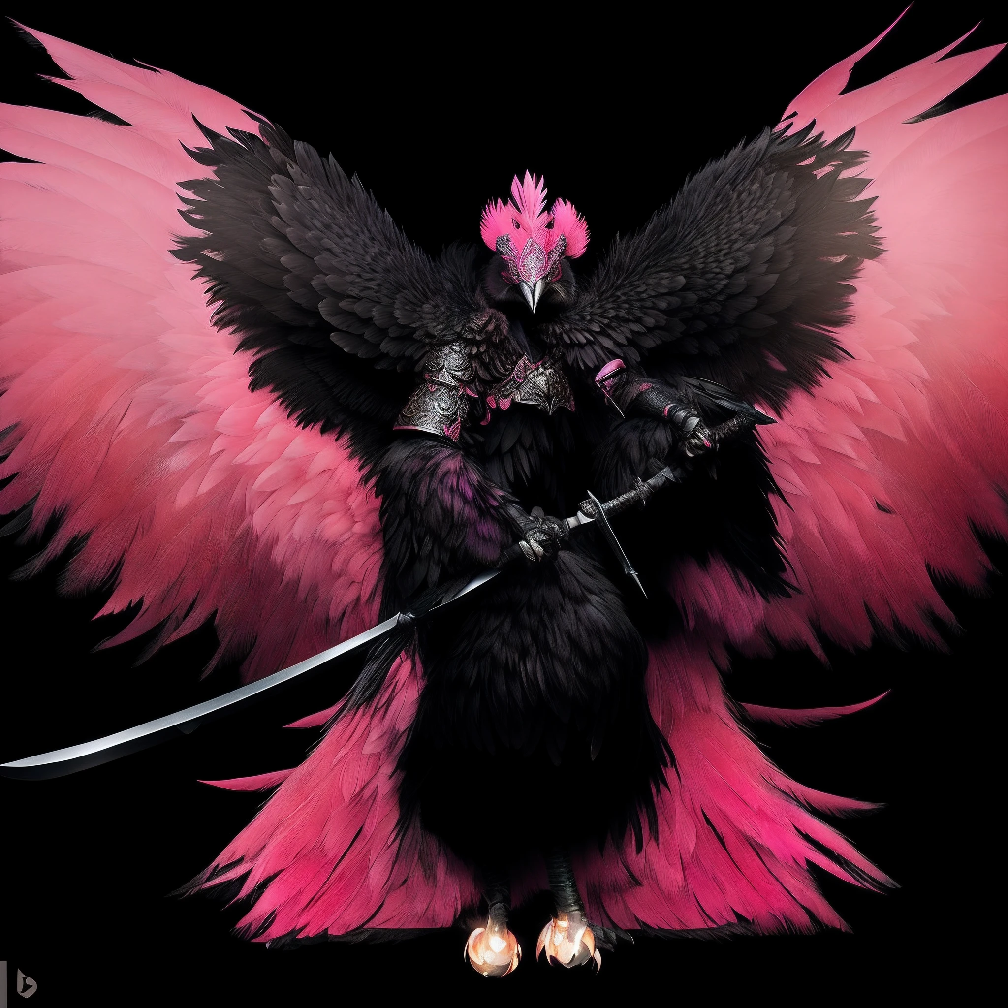An imposing Tengu with pink and black feathers covering its body, except for the face and beak, which are black. Wielding a massive sword, its wings stand out in shades of black and pink, giving it a majestic and mysterious presence.