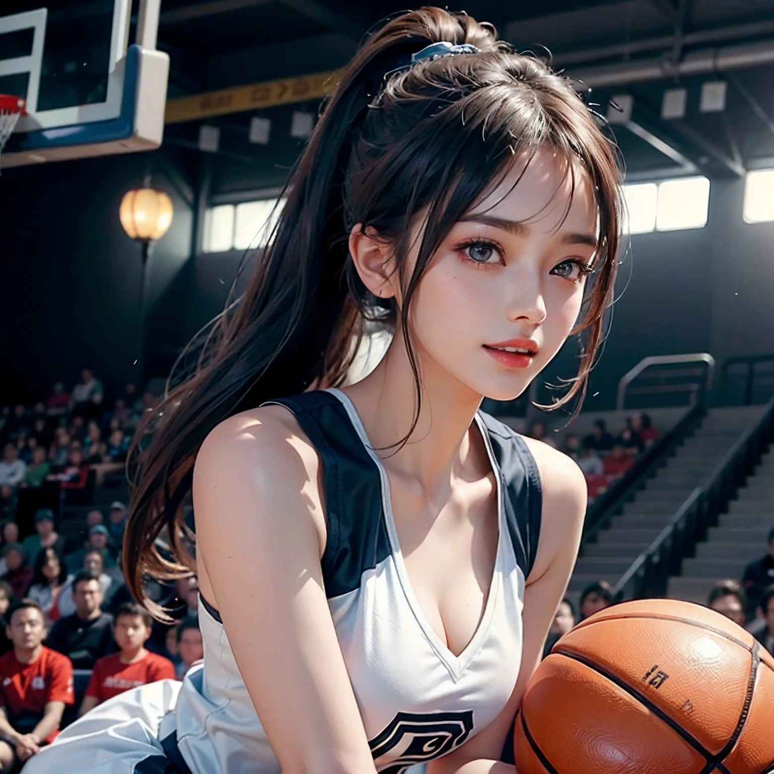 (RAW Photos,4K,tmasterpiece,hight resolution,very intricate)(realisticlying:1.4),Spin the Basketball、Full body style、Laugh、ssmile、uniformss、Basketball court、Basketball Goals、audience、spot light、illuminating、players、stadio、The best smile、Delicate girl illuminating facial features in a movie
1 Girls, single focus,(styles\),White skin,(Bigchest,cleavage), (Best Quality), (hight resolution), (extremely delicate and beautiful),,(Beautiful 8k face),(Brown eyes),(ulzzang-6500:1.0),(Solo),(sideways Facing),(Spectators),(Large breasts),(nffsw),frontage,(Side), ,(Basketball sportswear),((Playing Basketball)),((Gymnasium)),((velocity)),(reality),(chiayi:1.5), closeup cleavage, tmasterpiece, best qualtiy, RAW photogr, realisticlying, faces,adult lady, adolable, long beautiful hair,poneyTail、 depth of fields, hight resolution, ultra - detailed, finedetail, Very detailed, extremely detailed eye and face, Sharp pupils, realisitic, tack sharp focus, cinmatic lighting