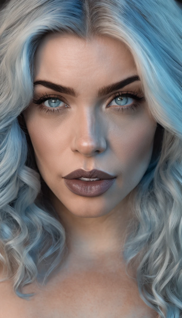 The woman, Odin, stripper, light-blue hair, dark blue eyes, detailized face, ([Juliana Hough|Megan Rapoza|Christina Hendricks]:0.8), (swollen lips:0.9), tmasterpiece, professional, hiquality, Linda, awesome, gotik, Getty Images, miko, A giant, photoshooting, 4k, realisti, detailled background, Abominable, real life, Walter Beach Humphrey, Pierre Bonnard, (Topless:1.5), big breastes