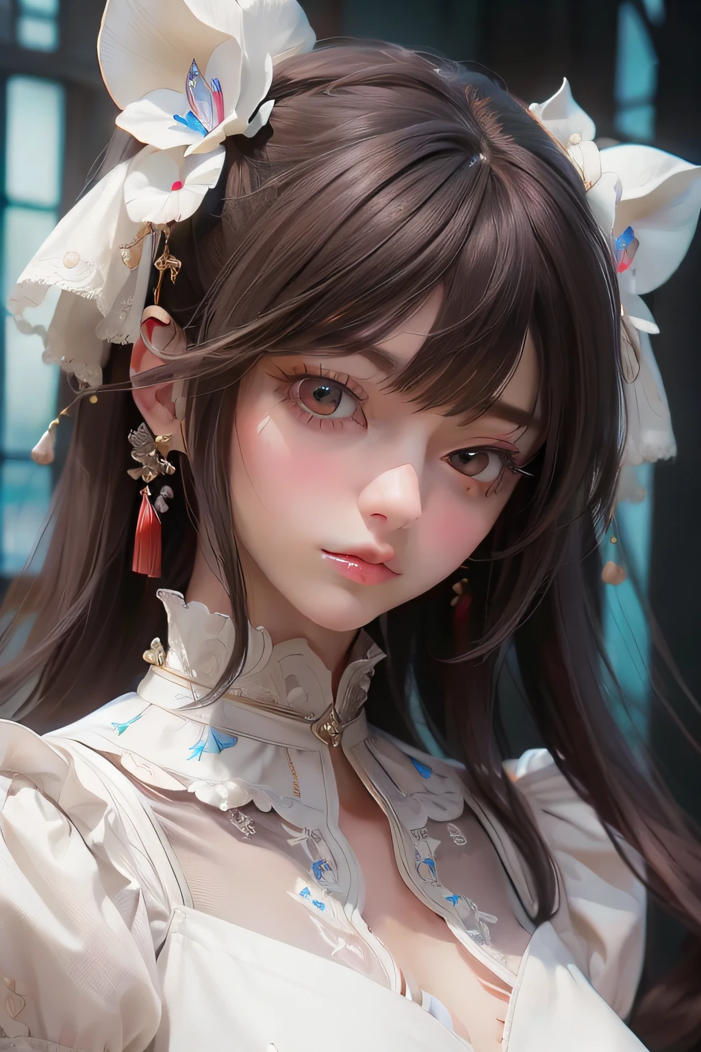 ((best qualtiy)), ((tmasterpiece)), (detail:1.4), Beautiful cyberpunk female images,hdr(HighDynamicRange),Ray traching,NVIDIA RTX,Hyper-Resolution,illusory 5,sub surface scattering,PBR textures,post-proces,Anisotropy Filtering,depth of fields,maximum definition and sharpness,Many-Layer Textures,Albedo e mapas Speculares,Surface coloring,Mitsu-Accurate simulation of material interactions,perfectly proportioned,rendering by octane,Two-colored light,largeaperture,Low ISO,White balance,Rule three points、8K raw data、Beautiful bright blue pupils,off-the-shoulder clothes,Fine pupils,Delicate face and eyes,long eyelasher,Blushlush,Delicate and fluffy hair,pink lip,Pure,Cute face,Sweet girl,Artistic sense,Casual wear,Advancedsense,butterflys,Cherry blossom petal,Beautiful hair accessories,Long hair and waist,Hair fluttering in the wind,Snow-white fox ears,curlies,Snow-white fluffy tail