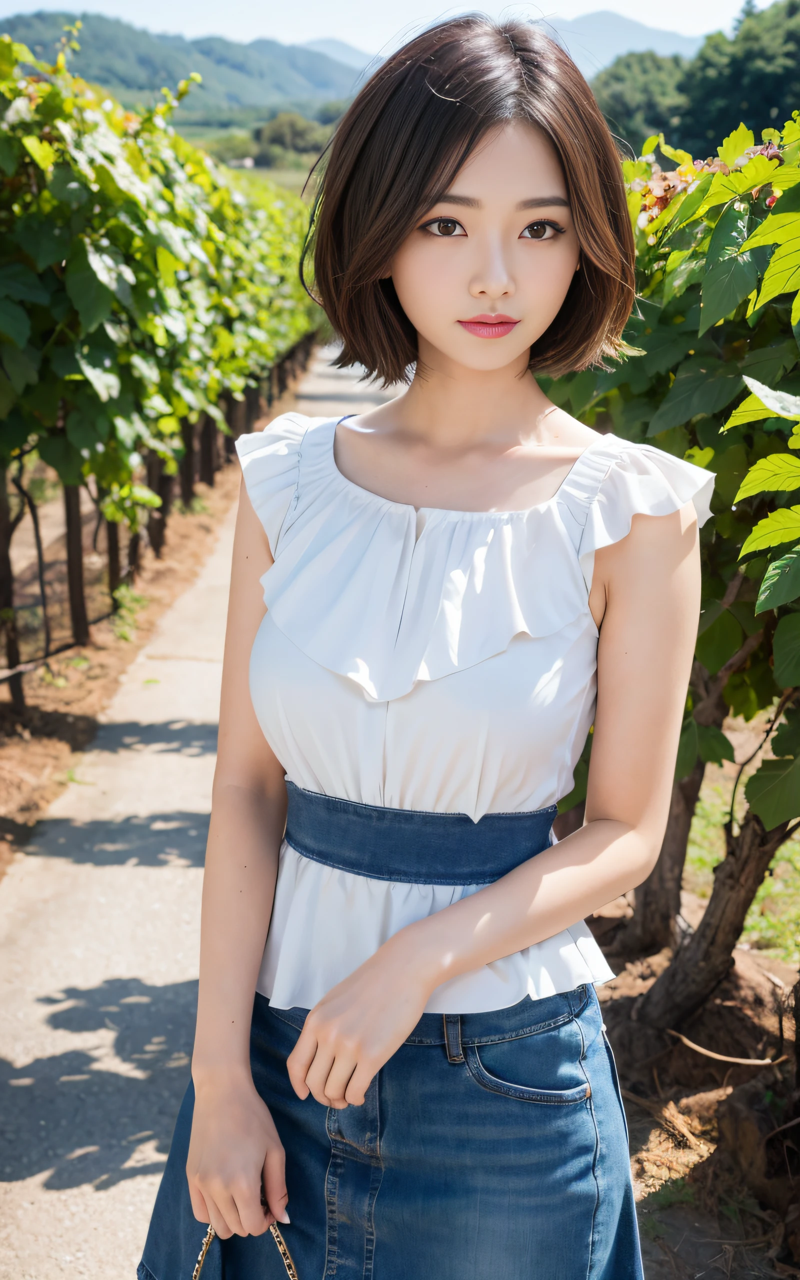 animesque、anime styled、Speciality、beautiful moist eyes, (Short hair:1.2), (8K, Best Quality, masutepiece:1.2), (Realistic, Photorealsitic:1.37), Ultra-detailed, a closeup、portraitures、1 woman、 Cute, Solo, (nose blush),(Smile:1.15),8K, Highest Quality, High resolution, Super Detail, masutepiece: 1.2, Photo Quality, Photorealistic, Bright lighting, extremely delicate and beautiful work, Natural light, Blue sky, Khaki one shoulder camisole, Sea view hotel, Cityscape with sea view , Real skin texture, 22 years old, Female, Variety of faces, Various hairstyles, A Japanese Lady, Cute, Beautiful face, Smile, Bare skin, (push up the skirt), fine pleated clothes, Khaki long skirt with slit , ((One Woman), Jisoo-so, very real, Perfect,