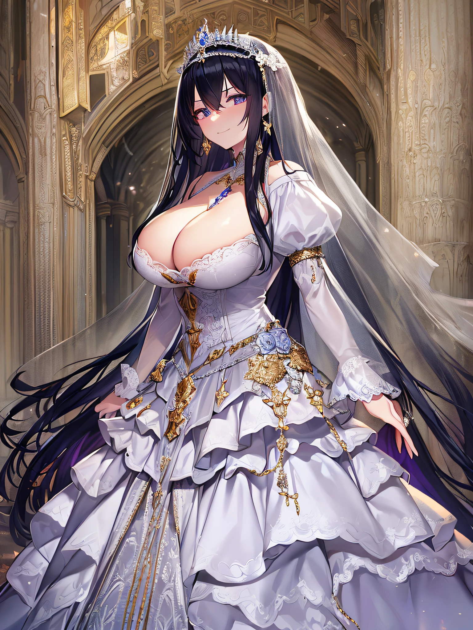 ((anime artstyle)),Masterpiece,Best Quality,Super Detail,Very Delicate and Beautiful,Solo,((full body)),((1 arrogant queen wearing beautiful embroidery gorgeous stately white wedding dress with voluminous crinoline hoop skirt)),(gigantic tits,skindentation),jewel-like eyes,(((arrogant,haughty))),dominant pose,(haughty smile),Sharp eyes,Purple eyes,detailed face and eyes,((Bangs between eyes,voluminous straight hair,extremely Long straight Hair)),black hair,gorgeous embroidery and lace,enormous puffed sleeves,luxury hair ornament,extremely gorgeousfull jeweled tiara,long train,bling-bling gorgeous gemstone jewelry,long wedding veil,full body,standing in the sacred cathedral,((beautiful embroidery gorgeous stately white wedding dress with voluminous crinoline hoop skirt))