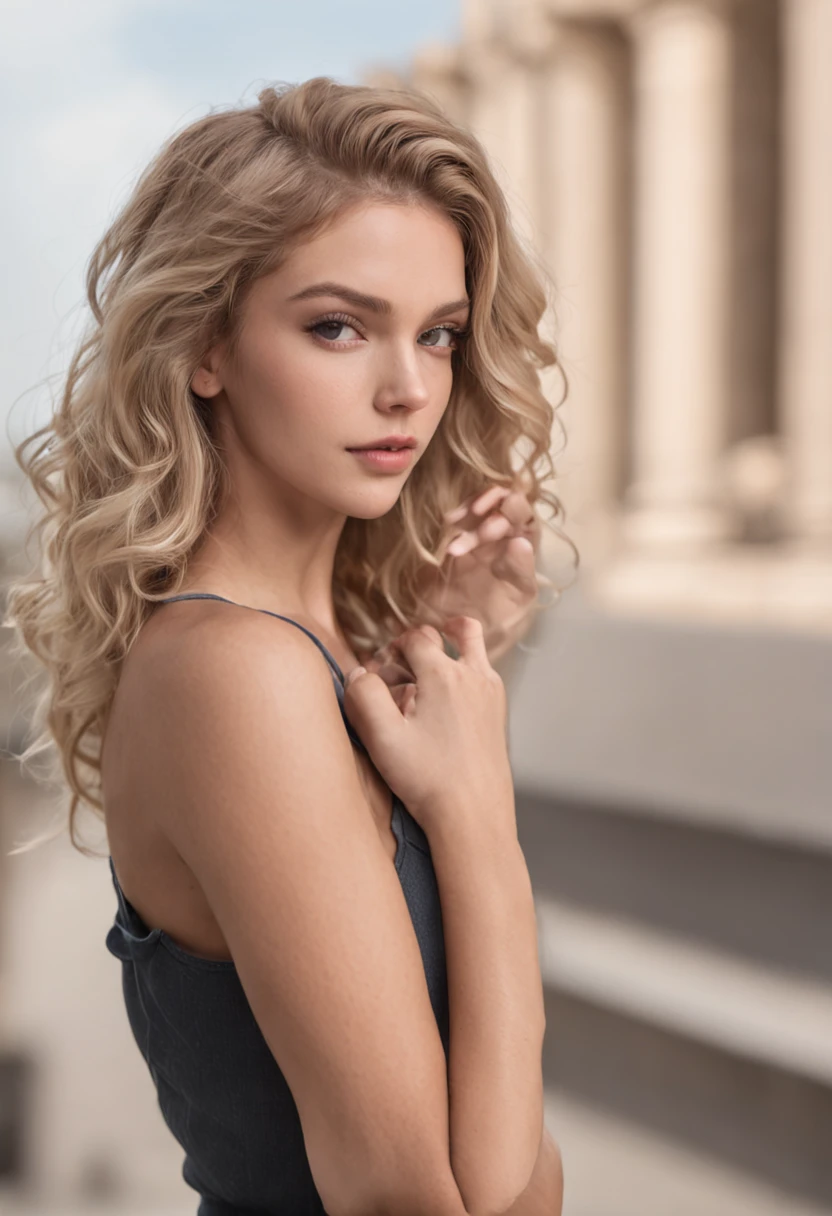 Sexy woman, 20 years old, slim, athletic, tanned skin, big breasts, narrow waist, curly blonde hair, instagram model, realistic, instagram picture, photography, genuine, natural. dubai scenery, tall buildings hands holding hair behind her head