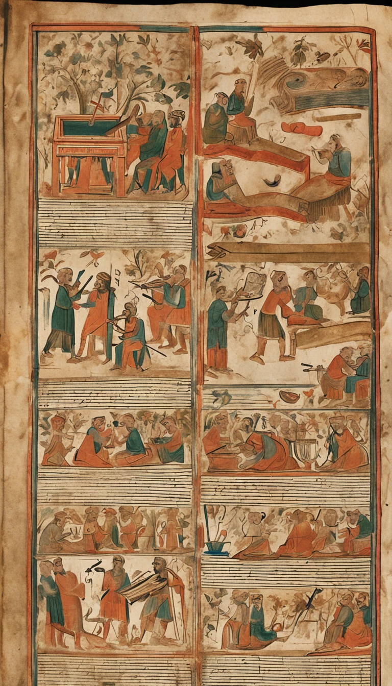Images of ancient manuscripts, traditional instruments, and poets composing