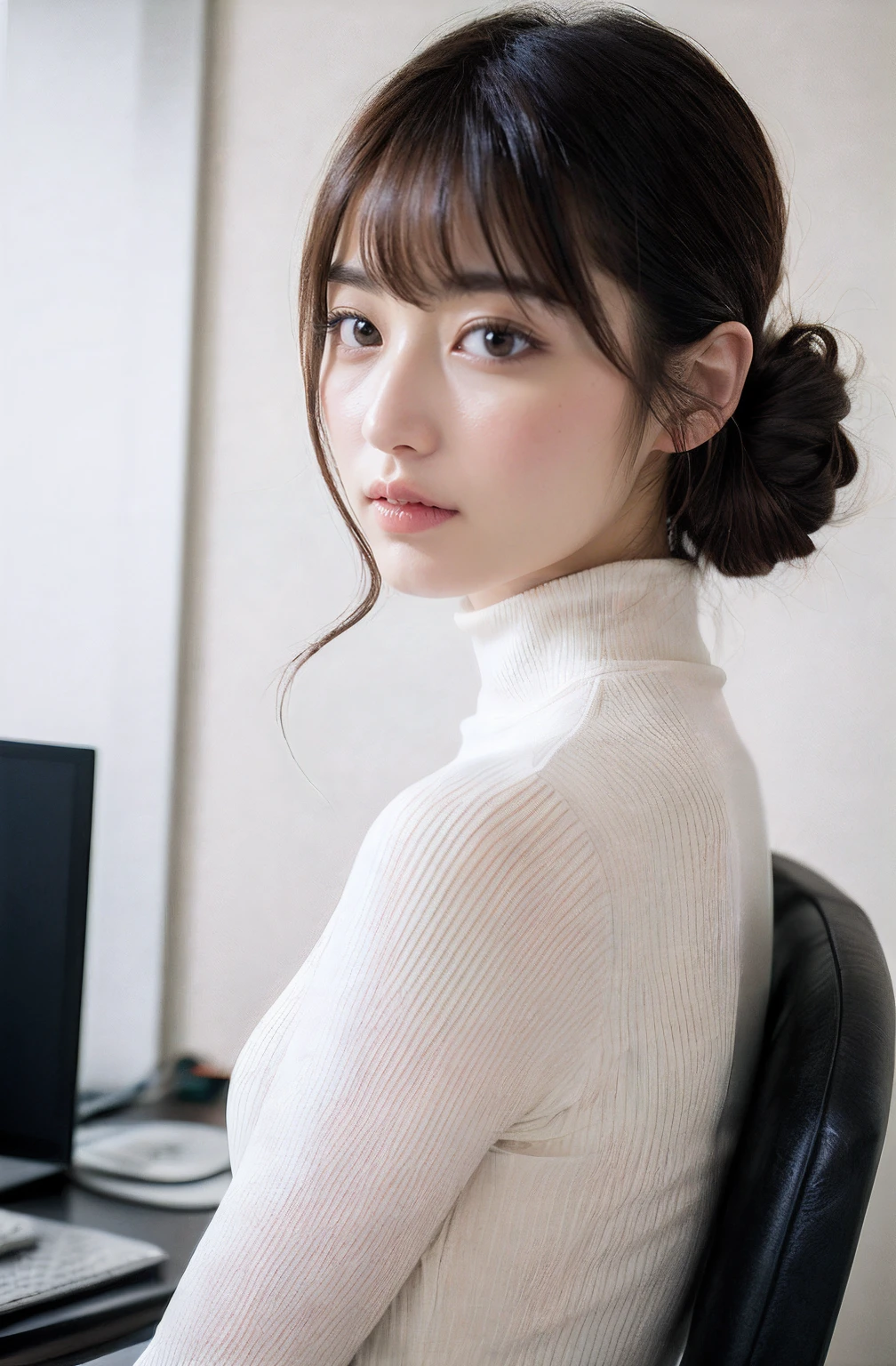 ((8K)、top-quality、​masterpiece、超A high resolution:1.2)Photo Beautiful Japan woman(pleasing:1.1) Elegance、There is a good、Transparent atmosphere、Beautiful face、Gradient lighting、1girl in、Delicate skin、Look into the distance、Brown-eyed、Breasts are big、Raw photography、pureerosface、Tight silhouette、want me、Take your eyes off、s Office、Sheer Jersey Turtleneck T-Shirt、long-sleeve、Sheer、Moderate transparency、turtle neck、Smooth fabric、Ribbed material、Fit the body、Off-white collar、There are many computers lined up、Lots of desks、Large office、erect through、total darkness、subject、Lean、Hang your employee ID card from your neck、Having a file、deep in the night、Ass big、Kinda chubby、Bangs shed to the side、short-cut、Okappa、