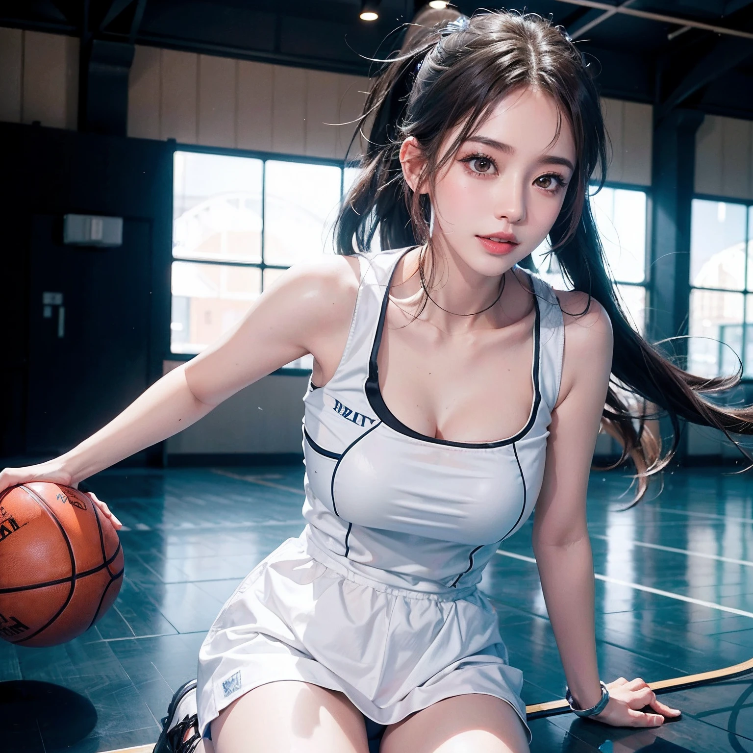 (RAW photo, 4K, masterpiece, High resolution, Very difficult) (reality的な: 1.4), Delicate girl with bright features like the girl in movie 1, single focus, Summer day, hot, 1990s\(style\), white skin, (big breasts, cleavage), (highest quality), (High resolution), (very delicate and beautiful),,(Beautiful 8K face),(brown eyes),(Ulzzang-6500:1.0),(alone),( looking ~ ~ side),(audience),(big breasts),(NBA),bent down,,look~ ~ side,(~ ~ side), ,(basketball sportswear),((play basketball)),((Gym)),((speed)),(reality),