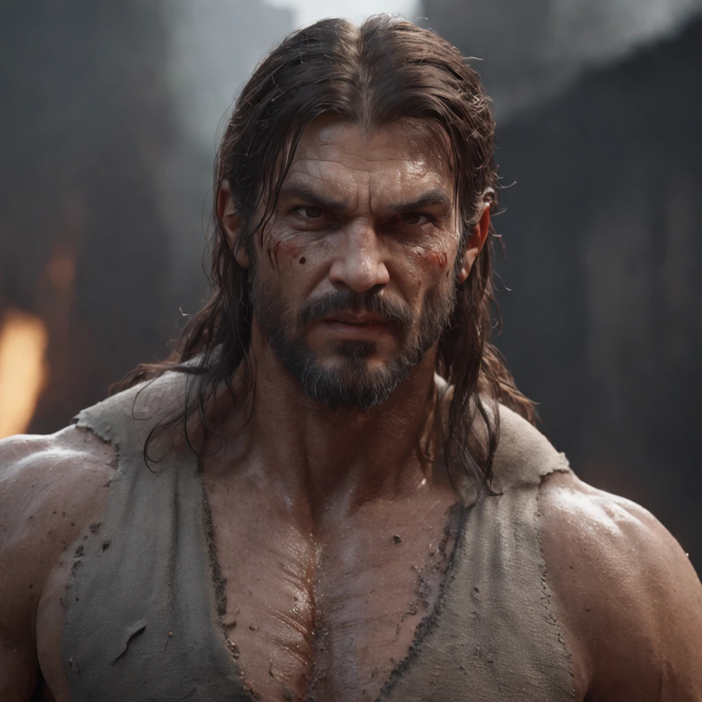 (professional 3d render:1.3) af (Realistic:1.3) most beautiful artwork photo in the world,Features soft and shiny male heroes, ((Epic hero fantasy muscle man rough wet hero angry look long hair short beard and ferocious expression in dynamic pose, Fantastic location, Majestic cluttered environment)), full body 8k unity render, action shot, skin pore, very dark lighting, heavyshading, Detailed, Detailed face, (vibrant, photograph realistic, Realistic, Dramatic, Dark, Sharp focus, 8K), (Old leather garments damaged by weathering:1.4), ((((Wear fur)))), (Intricate:1.4), decadent, (Highly detailed:1.4), Digital painting, rendering by octane, art stations, concept-art, smooth, Sharp focus, illustration, Art germ, (loish:0.23), wlop ilya kuvshinov, and greg rutkowski and alphonse mucha gracias, (Global illumination, Studio light, volumettic light), heavy rain, particles floating, lotr, fantasy, elf, full bodyesbian, ((Dark and ancient city background:1.3)),CGSesociety,art stations