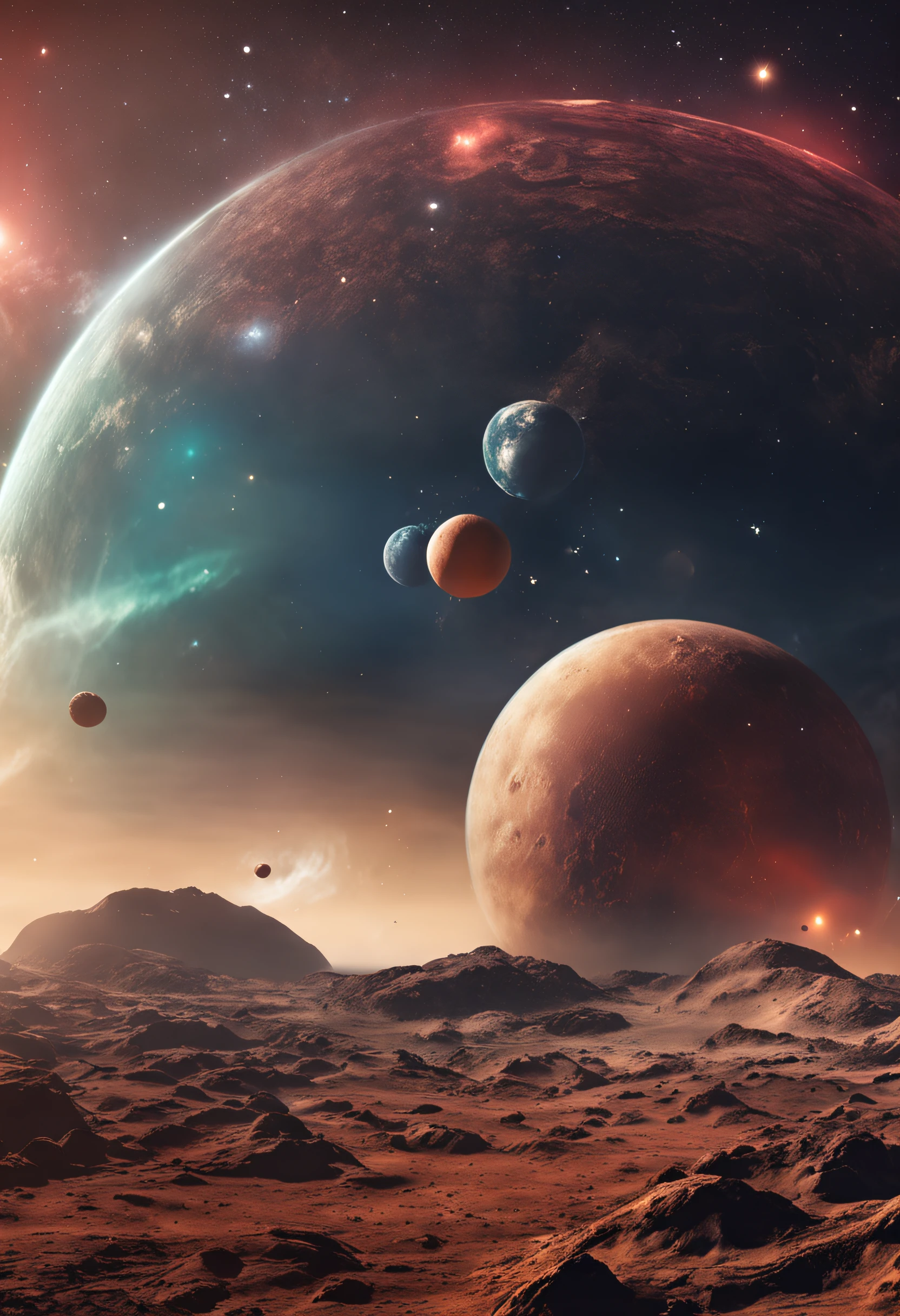 best quality, master part, ultra-highresolution, (fotografia realista:1.4), surrealismo, Semelhante a um sonho,FusionArt, Outer space near the solar system, sombrio