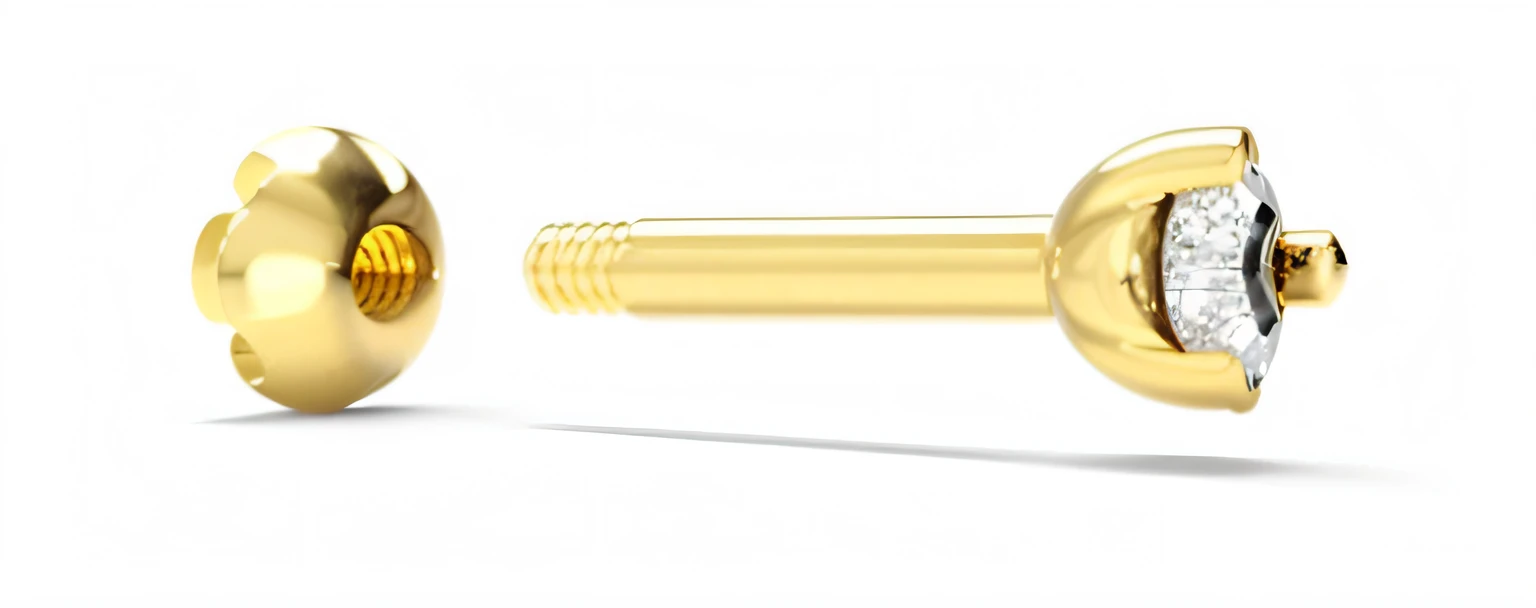 um close up de um par de brincos de ouro com um diamante, fechar o tiro de estabelecimento, tiro largo, Surgical IV drip, tubos de vidro e ouro, Parafuso voador, Seringas, 4 0 9 6, chave alta, alta - chave, imagem completa, vista lateral, mechanical implants, foto do produto em close-up, foto de produto de alto detalhe, foto detalhada do produto