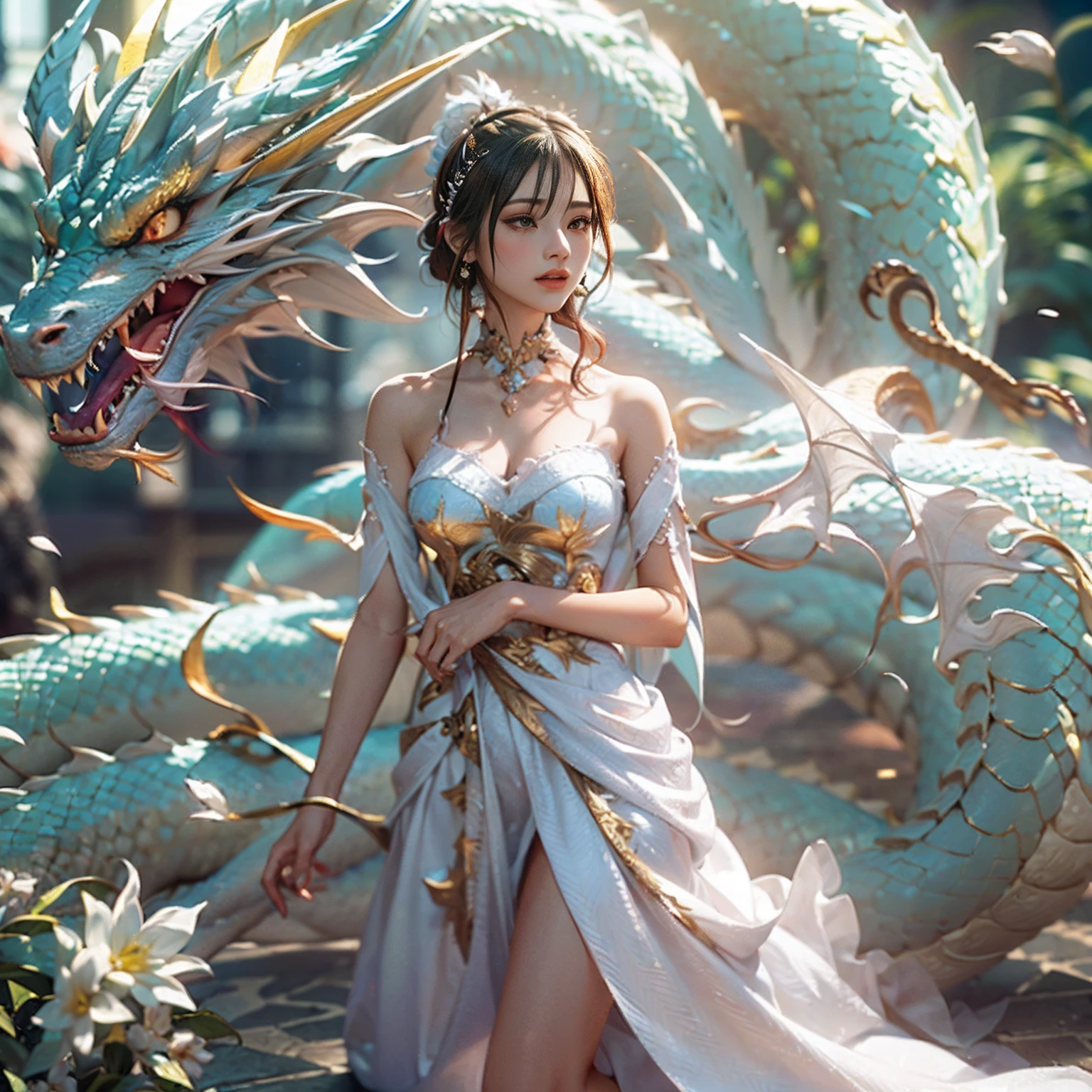 dragon_real,(extremely detailed CG unity 8k wallpaper,masterpiece, best quality, ultra-detailed, beautiful detailed eyes:1.2),best illumination, (best shadow, an extremely delicate and beautiful, bloom),the girl was surrounded by dragons, (1girl:1.4),breasts, solo,full body,Back tattoo,white dress,(color dragon:1.4),Bare leg,long dress,