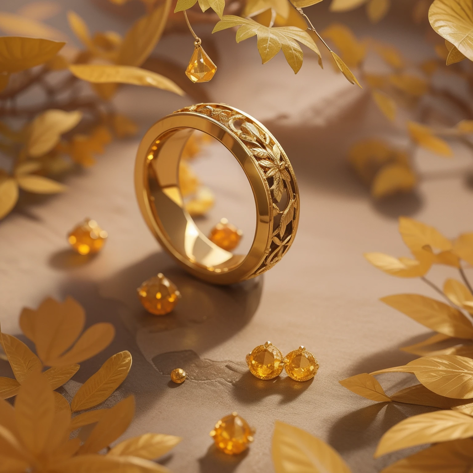 Product image of a ring, gold ring with orange stones on it, masterpiece, (very detailed CG unity 8k wallpaper), (best quality), (best illustration), (best shadow), background is Forest theme with natural elements, flowers, warm tones, surrounded by delicate leaves and branches, sunlight, (natural elements), (jungle theme), (leaves), vines, butterflies, (delicate leaves), (particles Effects), Isometric 3D, Octane Rendering, Ray Tracing, Super Detailed --v6