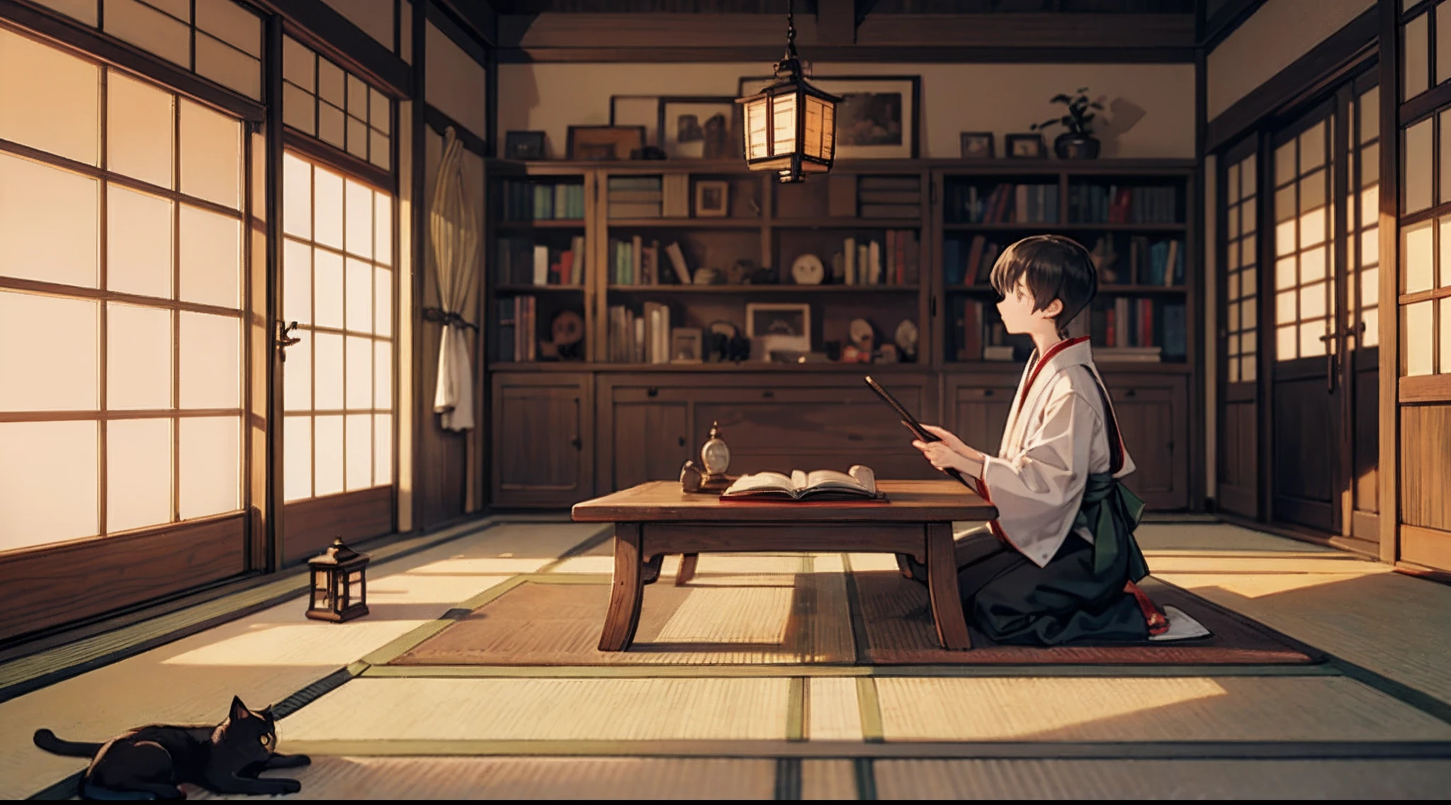 #quality (intricate-detail、ultra-detailliert:1.2,cinematic shot), #nigh sky (Darkness of the night,No light), #One Writing Boy (16 years old male、Honor Students、A dark-haired、short-hair、Hakama,Sit flat), #Black room at night (No light,Black cat,Wooden Low Table,1 candle,Beautiful tatami mats,a lots of books,bookshelf)