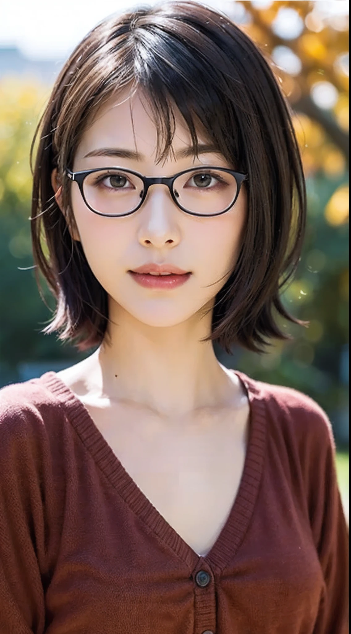 Best-quality, Masterpiece, Ultra-High-Resolution, (Photorealistic:1.4), Raw-Photo, (Photorealistic:1.4), Raw-Photo, 1girl, 30-years-old, the most popular Japanese actress, upper-body-shot, (((wearing stylish glasses)), woollen sweater), looking at viewer, beautiful smile, extremely beautiful face like a most famous Japanese actress, extremely beautiful  solid circle eyes, (extremely beautiful black short-cut-haired), extremely beautiful lips, extremely beautiful white skins, extremely beautiful big breasly beautiful body