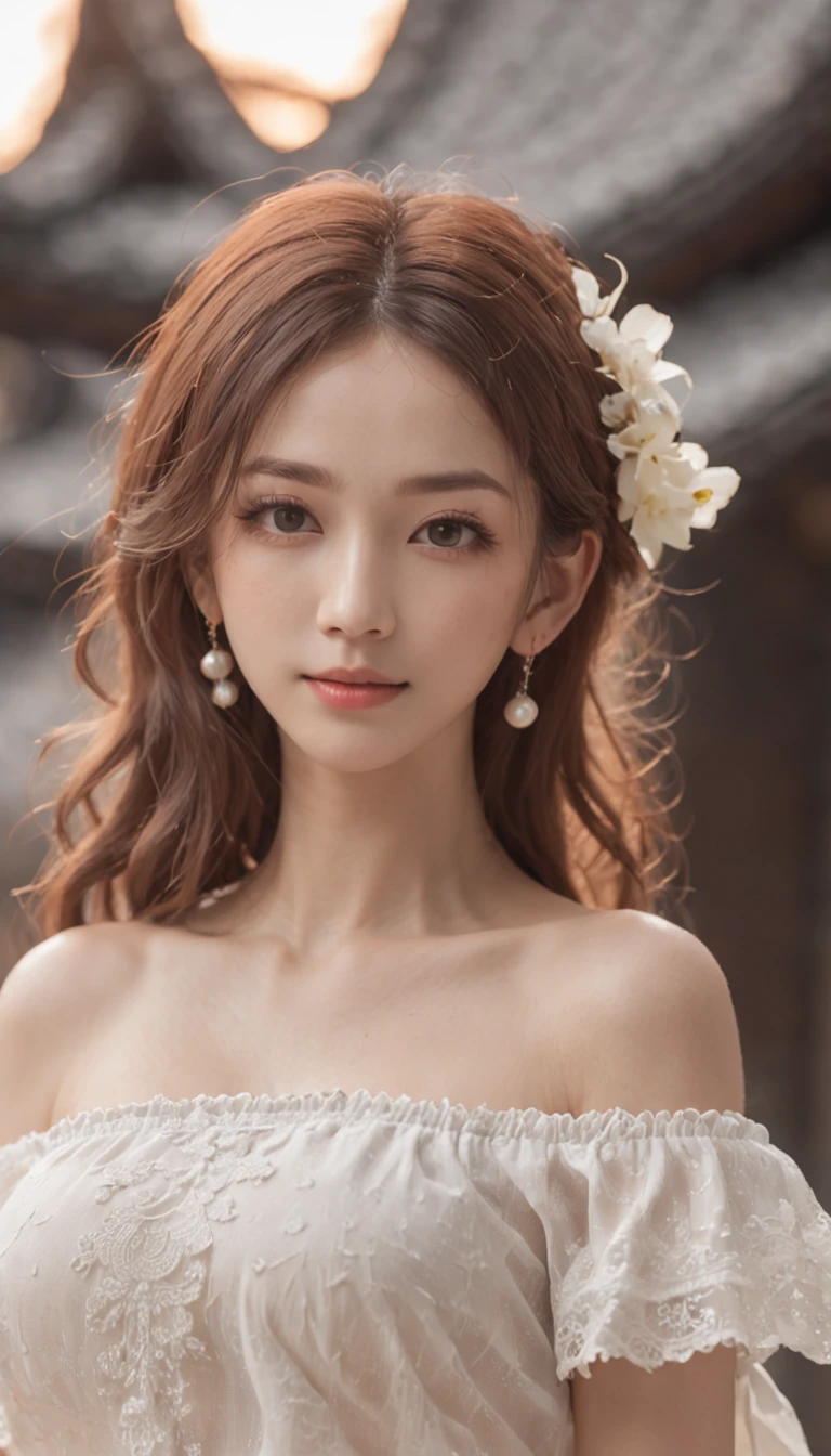 ((From below)), ((full bodyesbian)), (((off-the-shoulder clothes))), 1girll, Pose for a picture, model in Japan, (An extremely delicate and beautiful work), (Masterpiece),(The shirt, short skirt), Highly detailed, curlies, long whitr hair, Delicate pearl necklace, Delicate earrings, Simple blurred background, Extreme detail description, Ultra-fine painting, Delicate face, slim toned body, Fine collarbones, mix4,(8K, RAW photo, best qualtiy, Masterpiece:1.2), the night, nevando, Professional lighting, フォトンマッピング, ラジオシティ, Physically-based rendering, (correct hand), (anatomy correct)