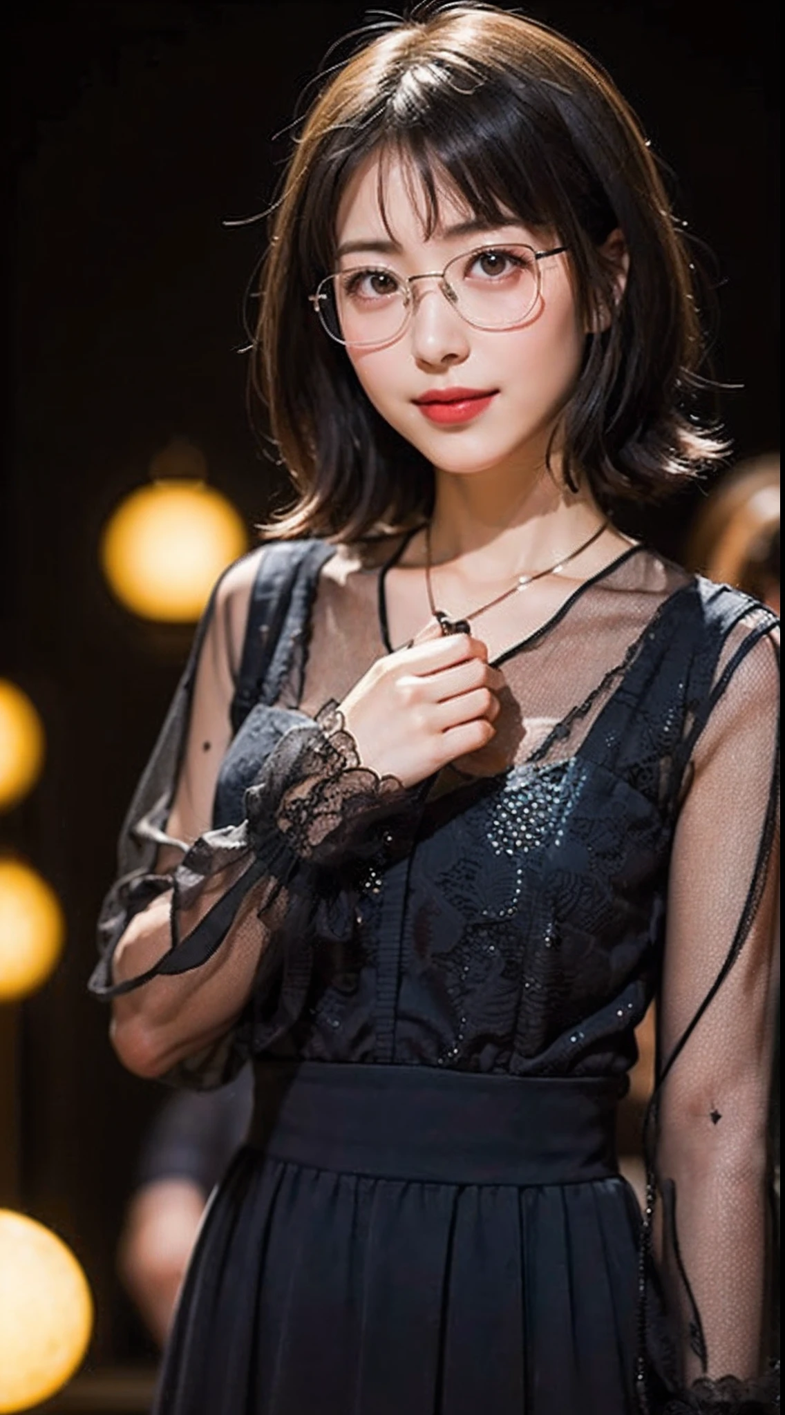 (8K、Raw photography、top-quality、masterpiece:1.2)、(realisitic、Photorealsitic:1.37)、ultra-detailliert、超A high resolution、1人、see the beholder、beautifull detailed face、A smile、Constriction、(Slim waist) :1.3)、Autumn clothes、Beautiful detailed skin、Skin Texture、Floating hair、Professional Lighting、Osaka、Black-rimmed square glasses、Whole human body、Brown hair