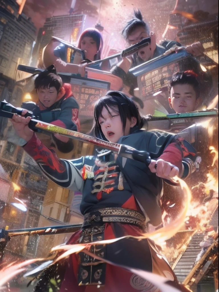 Young men of the Qin Dynasty, Delicate facial features, Symmetrical body, waving weapons, surrounded by aura, Splashes，Ambilight， Ultra-wide angle, Cinema lenses,Dynamic movements, Expressive, Chiaroscuro, smoke explosion，Depth of field 1.5，Character Spotlight，illustration ,Drawn by Huang Bin Hong