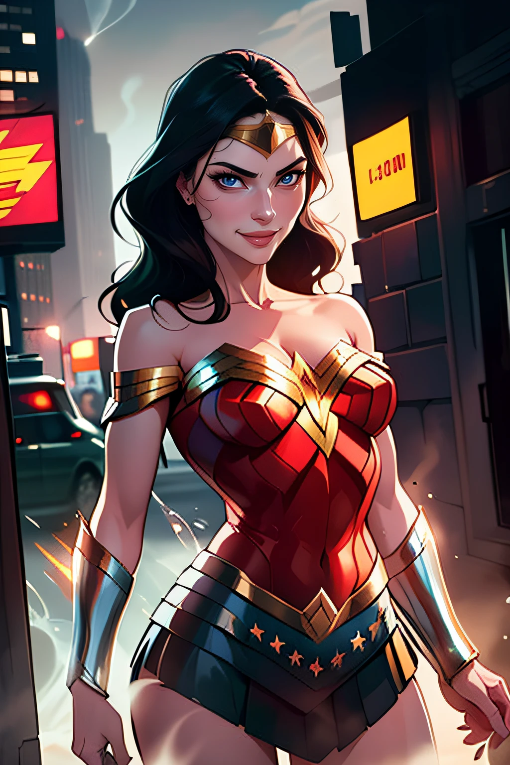 35-year-old wonder woman, upper_body, bangs, bare_shoulders, brown_eyes, black_hair, closed_mouth, long_hair, off_shoulder, skirt, solo,BREAK,angry jellied alien with big head, black eyes and tentacles, Performs a slime attack on Wonder Woman, (background: new york city invaded by aliens scenes of terror, invasion, green slime explosions), fill lighting,dutch angle,desaturated grunge filter,