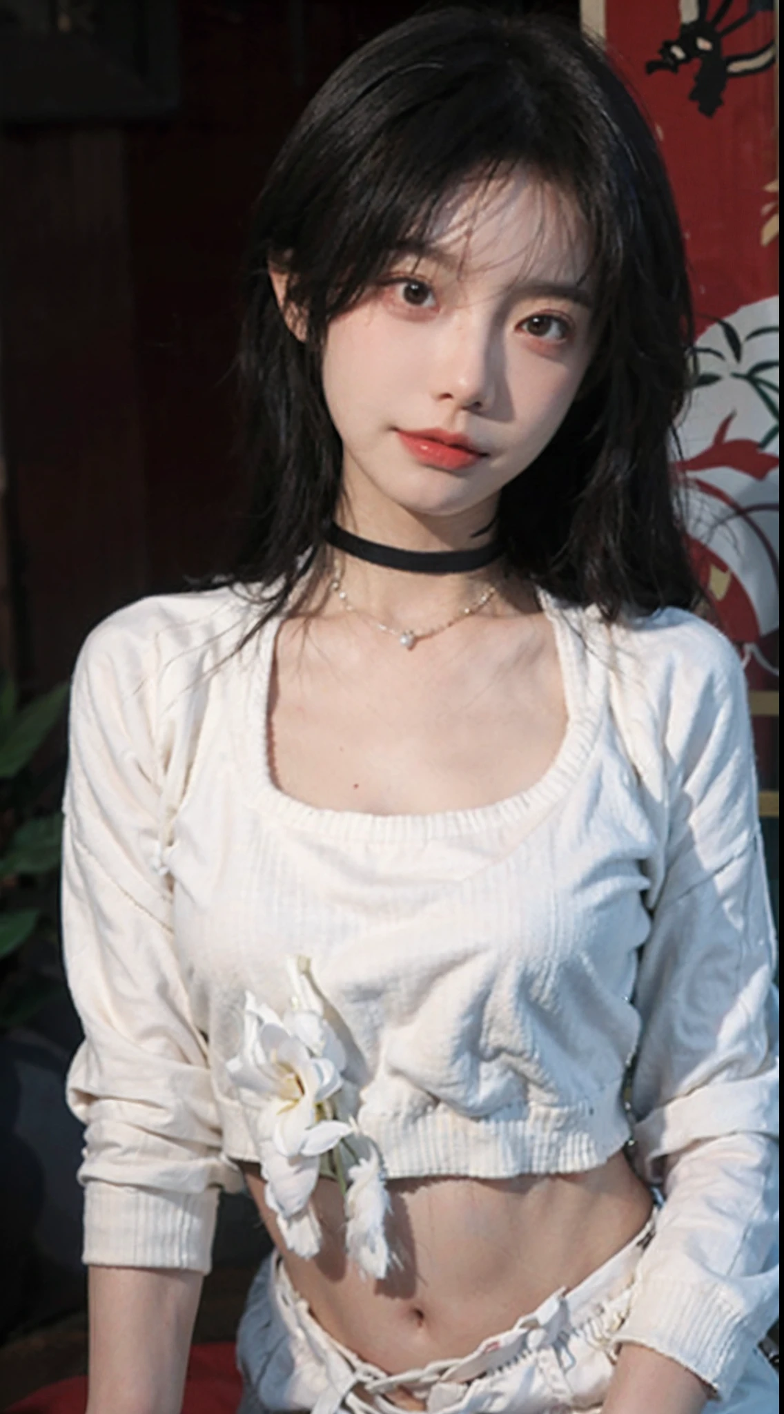 best qualtiy， 超高分辨率， （realisticlying：1.4），Baoyu Girl，1girll, with long coiled hair，Blushlush，Looking into the distance，nedium breasts，Cropped red sweater，a sense of atmosphere，Beautiful woman with a slim figure:1.4, Abs，Ultra-fine face，Elaborate Eyes，二重まぶた，choker necklace