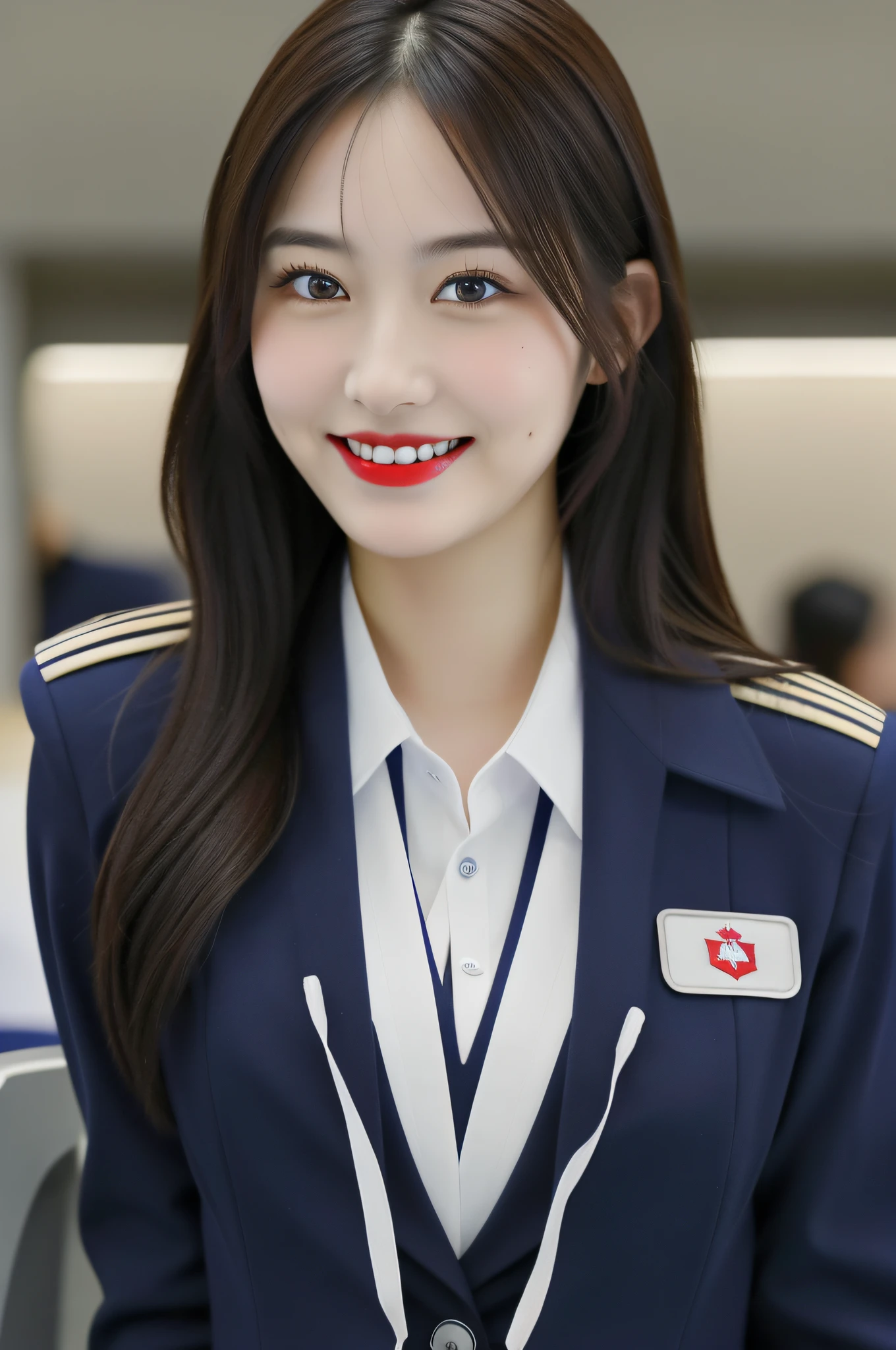 1girl,ultra high res,(best quality, masterpiece:1.2),ultra-detailed,(real person,fashion photography portrait,photograph), (pleasure face:1.3,enchanting smile), looking at viewer,long hair,red lip,(flight attendant uniform),airport, lounge,