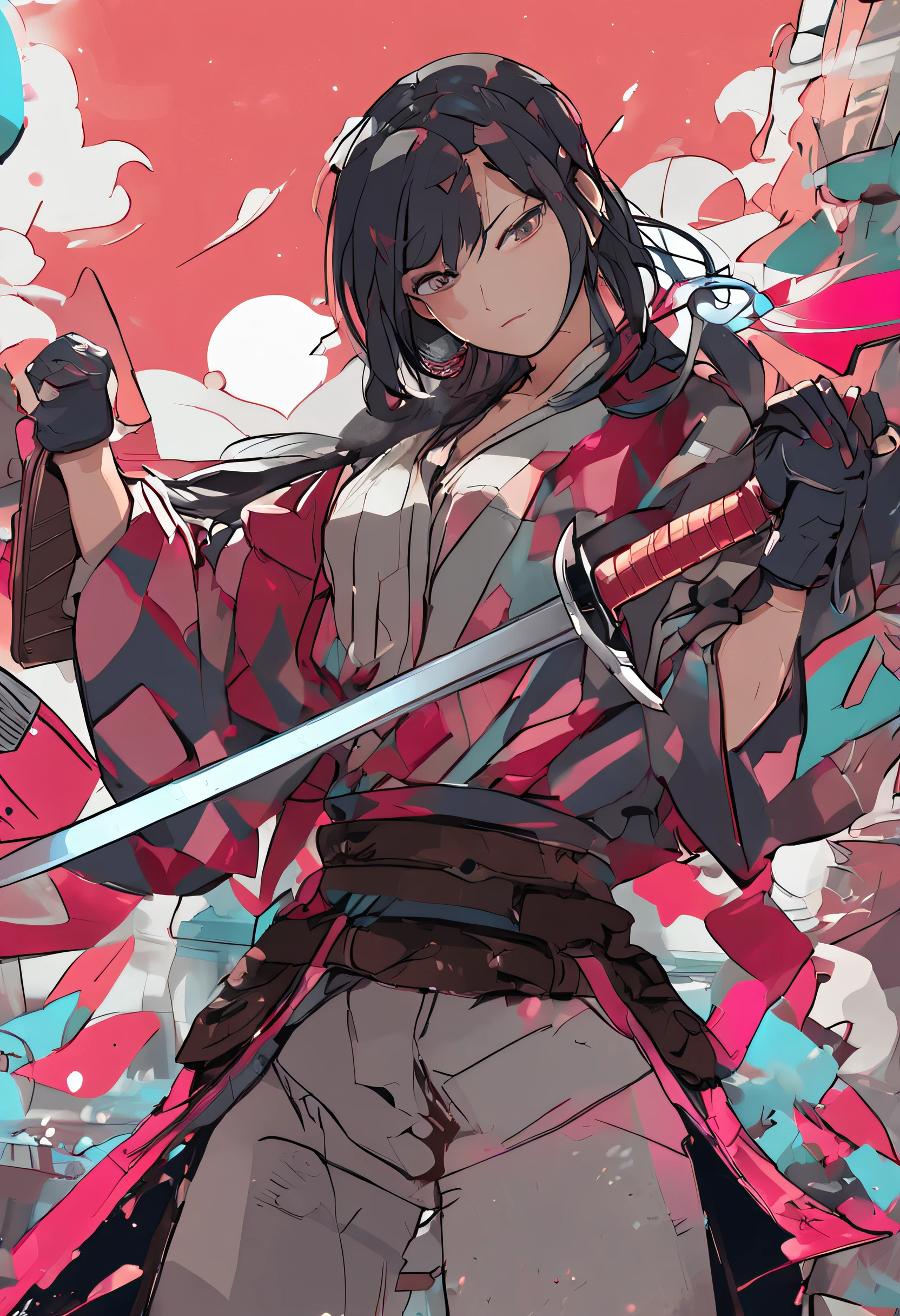 (((frontage,Full-body figure))) A dark-haired, femele, a cool,colourfull,Japanese Katana Sword,PlayingCards,Character Focus, cinema4d, 4K resolution, Complementary natural tones