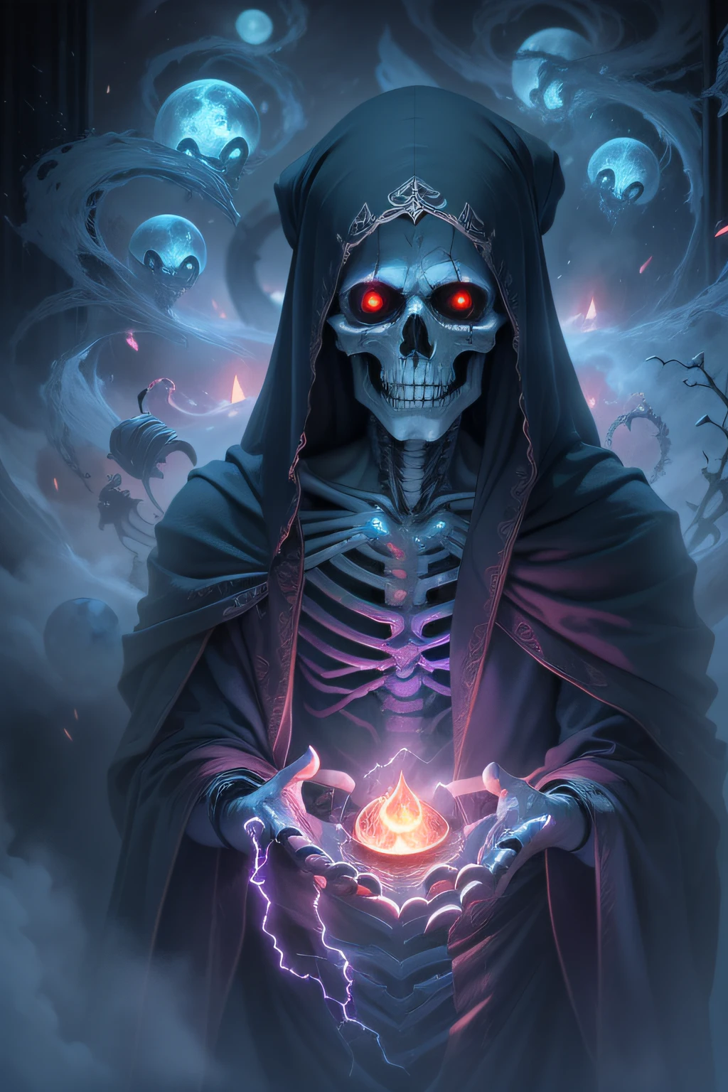 a detailed and realisitic image of a skeleton wizard, wearing black magic cloak and hood, wielding a red orbstaff, glare eyes, Casting red magic, cemetery in the background, night time, High definition, work of art, best qualityer, hyper detailled, ultra detaild, realisitic,
